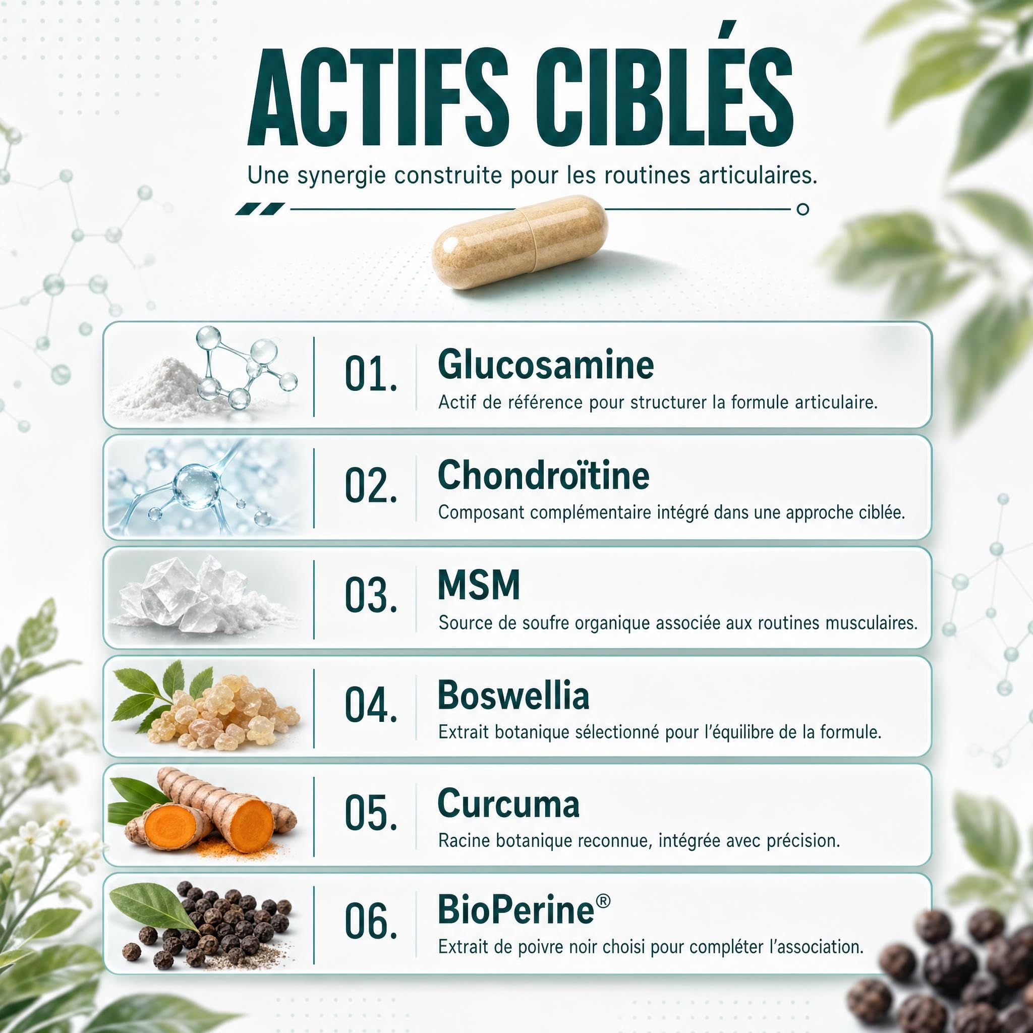 Glucosamine Chondroïtine MSM + Collagène marin + Boswellia 30% AKBA | Acide hyaluronique, Curcuma, Bioperine®, Vitamines C & D | Articulations & Muscles | 100 gélules | Essence Pure