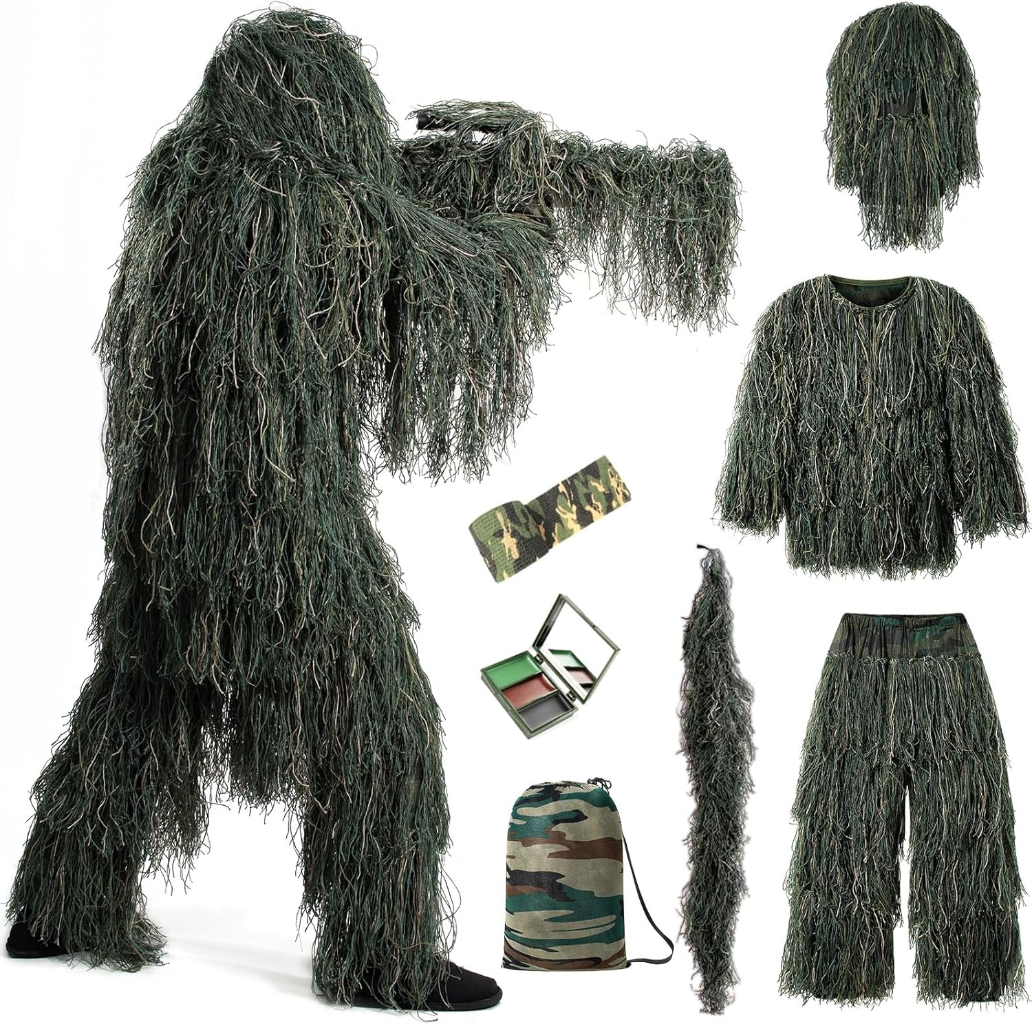 3D Camouflage Ghillie Suit Hunting Gear for Adults/Youth & Kids - Perfect for Outdoor Hunting Halloween Costumes Kids- L Woodland