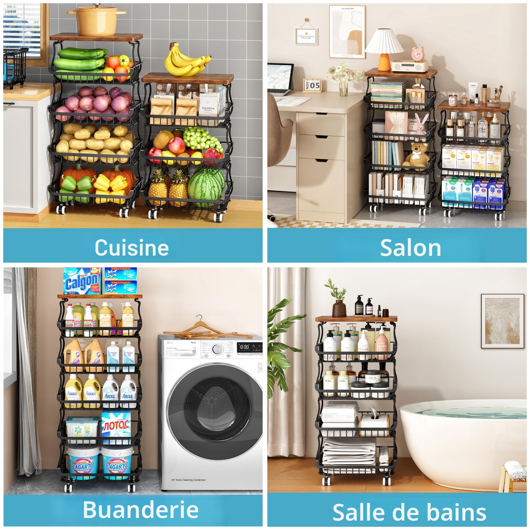Organisateur de Garde-Manger 4 Niveaux Chariot de Rangement à Roulettes, Paniers Métalliques Empilables