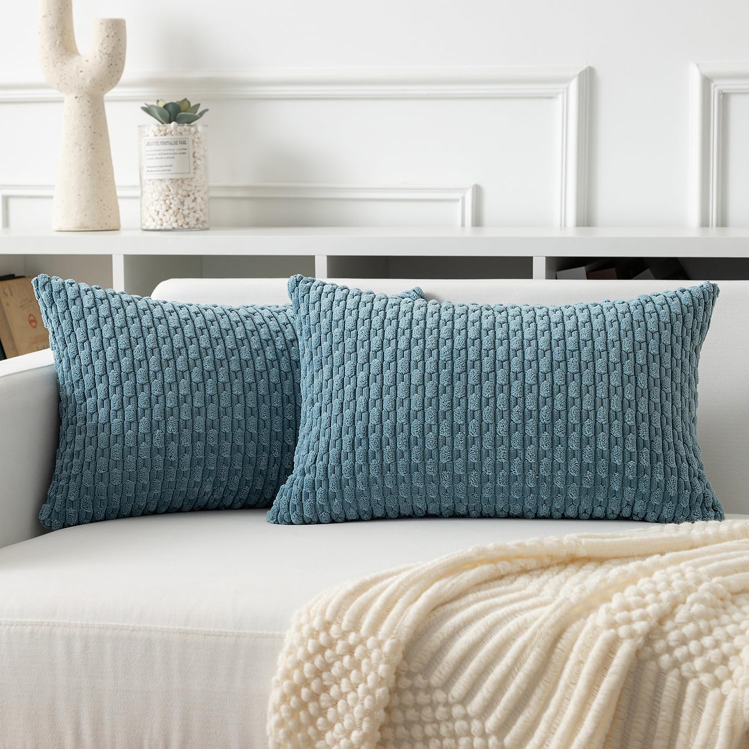 Kevin Textile Boho Cushion Covers 30 x 50 cm Set of 2 Soft Striped Corduroy Decorative Rectangular Lumbar 12x20 Inch Pillowcases with Invisible Zipper for Chair Couch Sofa Bedroom, Blue Grey — image 1