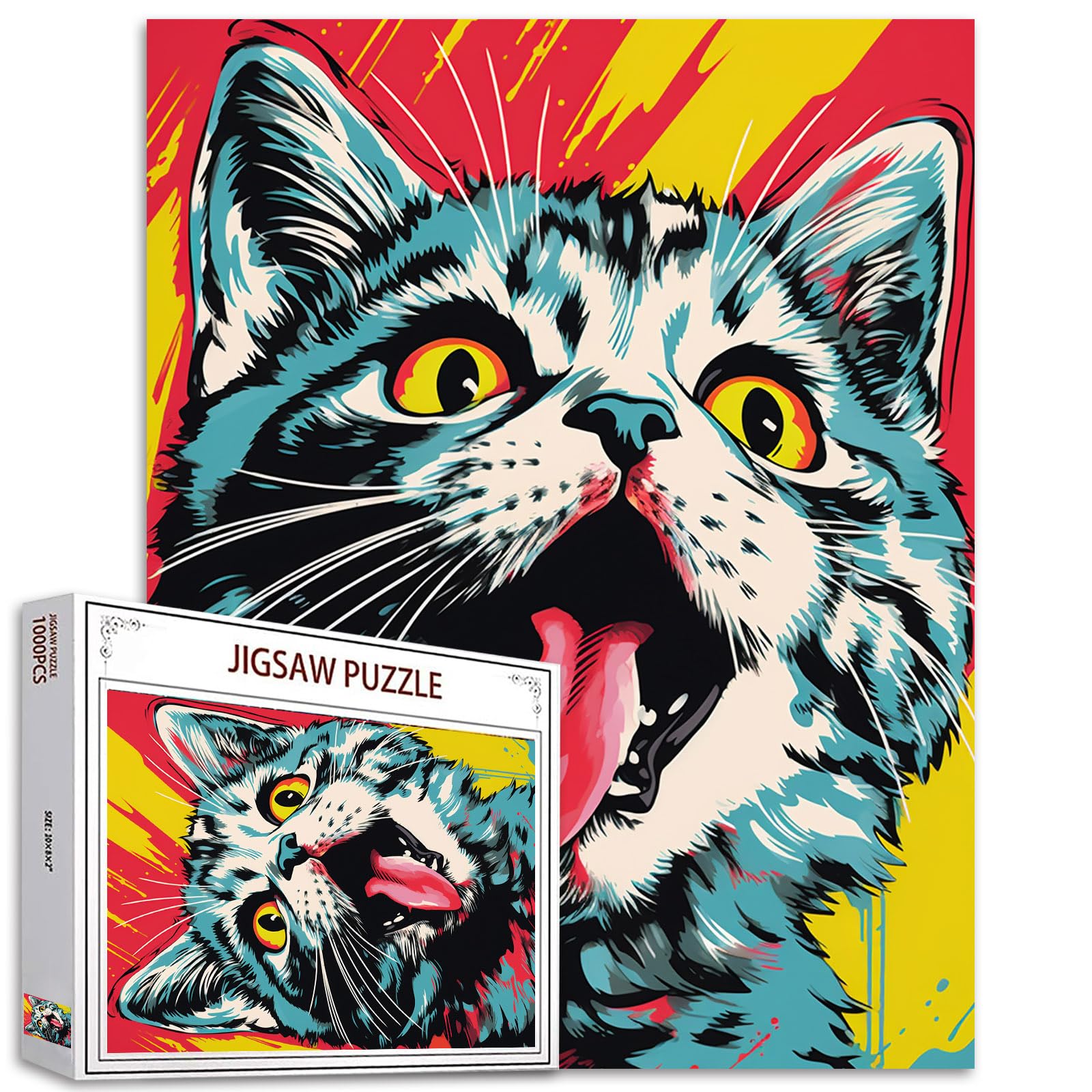 Colorful Cat Jigsaw Puzzles for Adults Animal Cat Spit Tongue Puzzle 1000 Pieces Challenging Puzzle Perfect for Game Nights DIY Home Wall Decor Abstract Kitten Art Gifts
