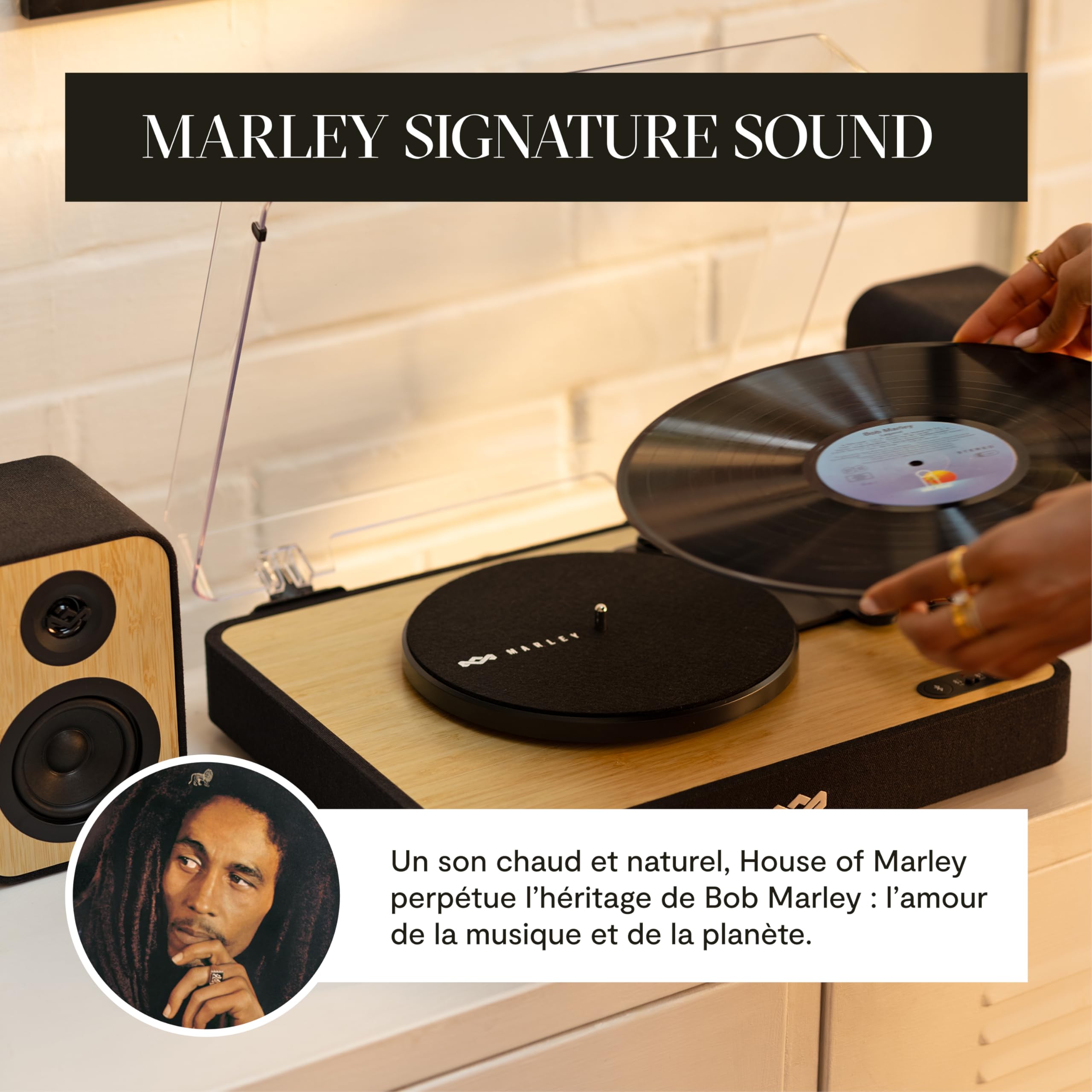 House of Marley Revolution Platine Vinyle Bluetooth avec Enceintes Bibliothèque Filaires – Tourne Disque, Matériaux Recyclés, Lecteur Vinyle avec Couvercle, Installation Facile