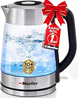 Mueller Rapid Boil Electric Tea Kettle 1.8L – Borosilicate Glass & Stainless Steel – BPA-Free Hot Water Boiler, LED Light, Auto Shut-Off, Boil Dry Protection Fast Water Heater – Kitchen Appliances