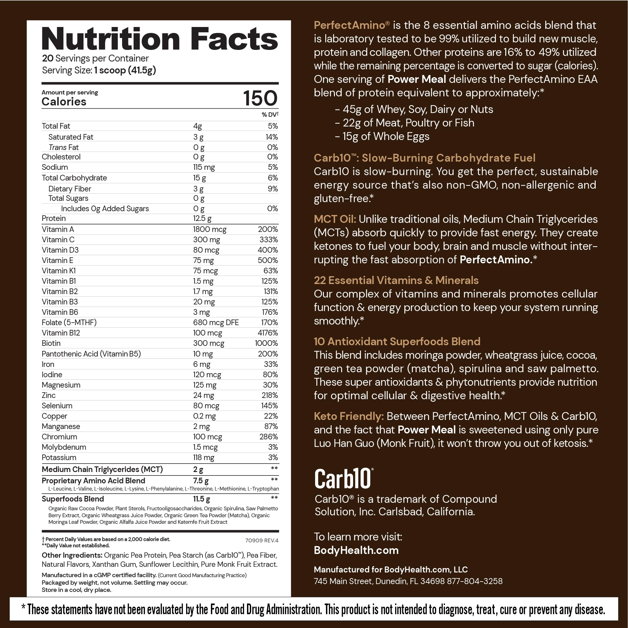 BodyHealth PerfectAmino Power Meal Shake New Dark Chocolate Flavor with MCT Oil Carb 10 and Perfect Amino Protein Base 20 Servings product thumbnail 3