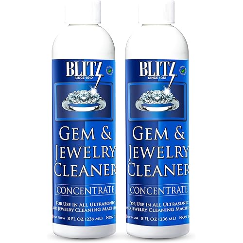 Blitz Gem & Jewelry Cleaner Liquid Concentrate for Gold, Silver, Platinum Jewelry Cleans Non-Porous, Precious & Semi-Precious Stones Non-Toxic, Non-Abrasive, Planet Friendly Made in USA 8oz (2 Pack)
