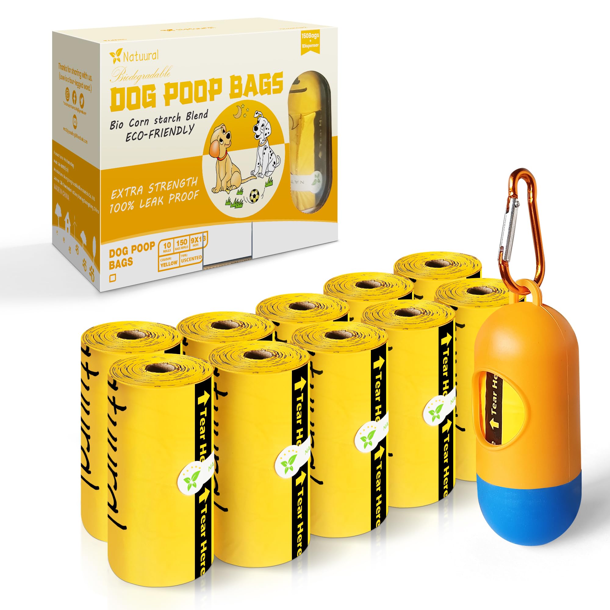 Dog Poop Bags with Leash Dispensers,150 Counts (10 Rolls), Biodegradable Poop Bags Made of Cornstarch