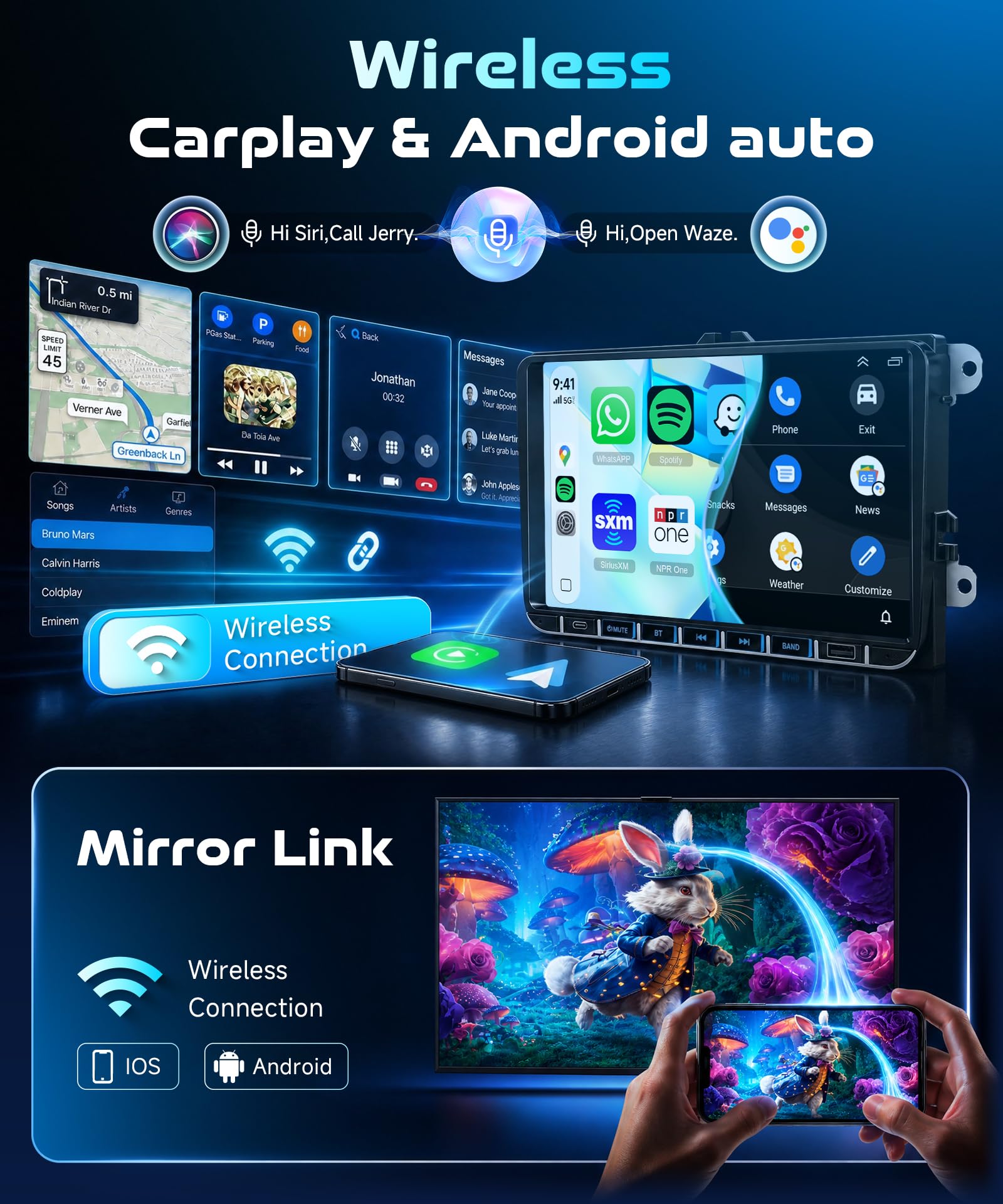 Autoradio 4G+64G con Carplay Wireless/Android Auto per VW Volkswagen Golf 5 6 Jetta Passat Tiguan Seat Touran Skoda,con 9" IPS Touchscreen Bluetooth/USB/Type-C/FM/RDS/EQ,5G WiFi GPS +telecamera