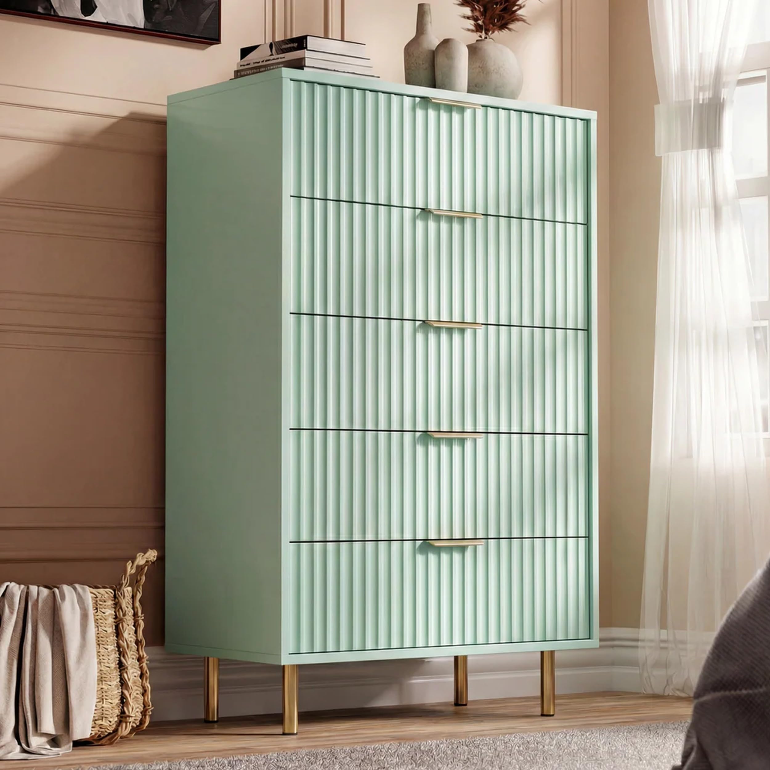 Blisswood 5 Drawer Chest of Drawers, Modern Fluted Painted Dresser with Gold Handles & Legs, Wide Wooden Storage Cabinet with Large Top Surface for Bedroom Living Room, Hallway & Entryway_Sage Green