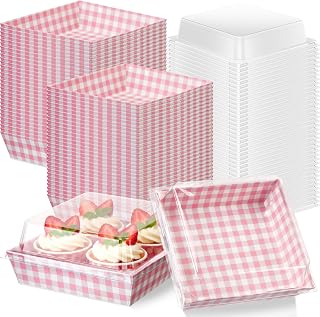 Potchen 100 Pack Pink Plaid Charcuterie Boxes with Clear Lids – Pink ＆ White Bakery Gift Boxes with Window for Cookies, Candy, and Mini Cakes – Ideal for Summer Gift Giving & Bakery Packaging
