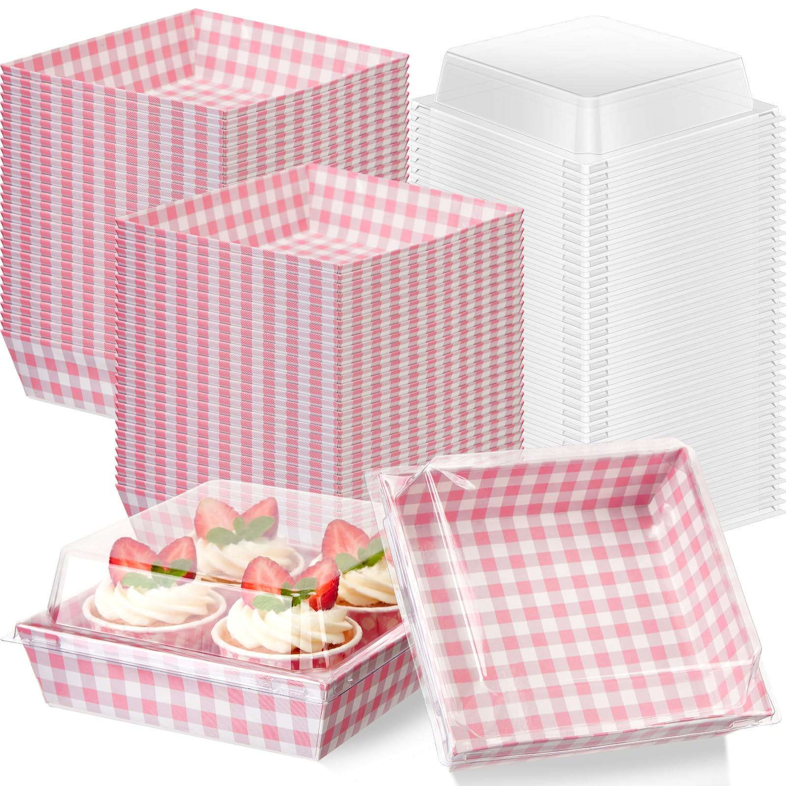 Potchen 100 Pack Charcuterie Boxes with Clear Lids Cookies, Candy, and Mini Cakes Boxes Ideal for Gift Giving & Bakery Packaging (Pink and White,Checkerboard) โ image 1