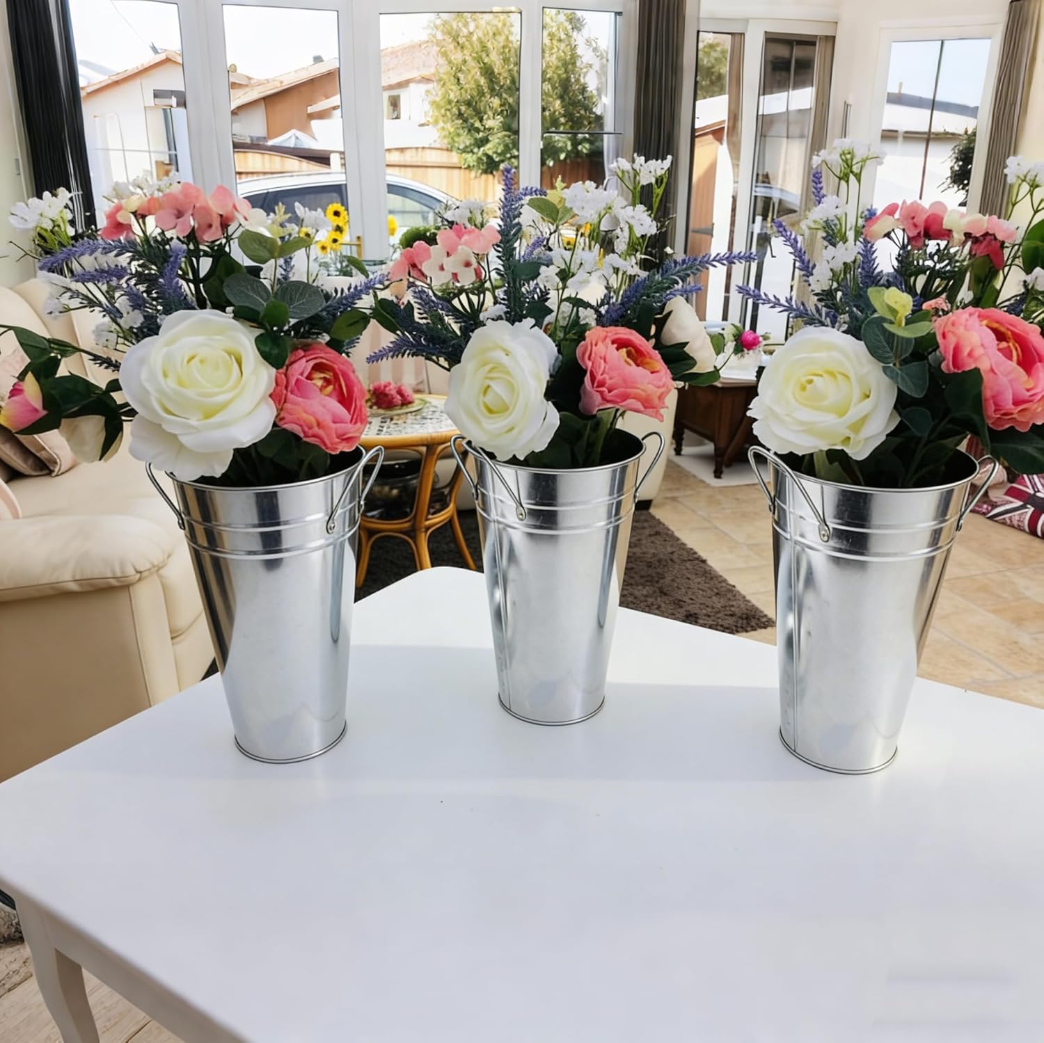 HAKZEON 6 Pack 10 Inches Galvanized Metal Vase, Rustic Farmhouse Tall Galvanized Metal Flower Vase for Wedding, Table, Home Decor