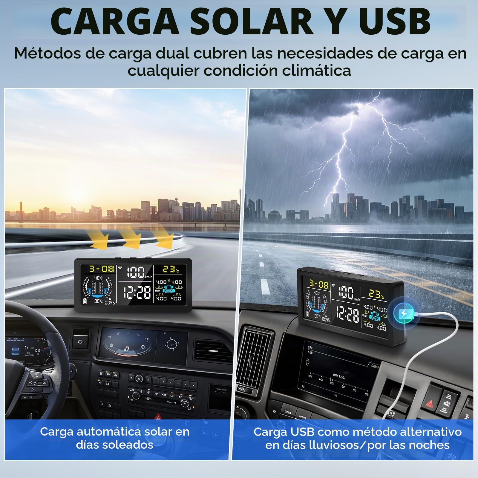 TPMS Sistema de Monitoreo de Presión de Neumáticos Solar 0-199 PSI | 6 Modos de Alarma, Indicador de Pendiente/Velocidad/Altitud/Hora, con Pantalla LCD, con Sensor de Cobre IP67 para Coche