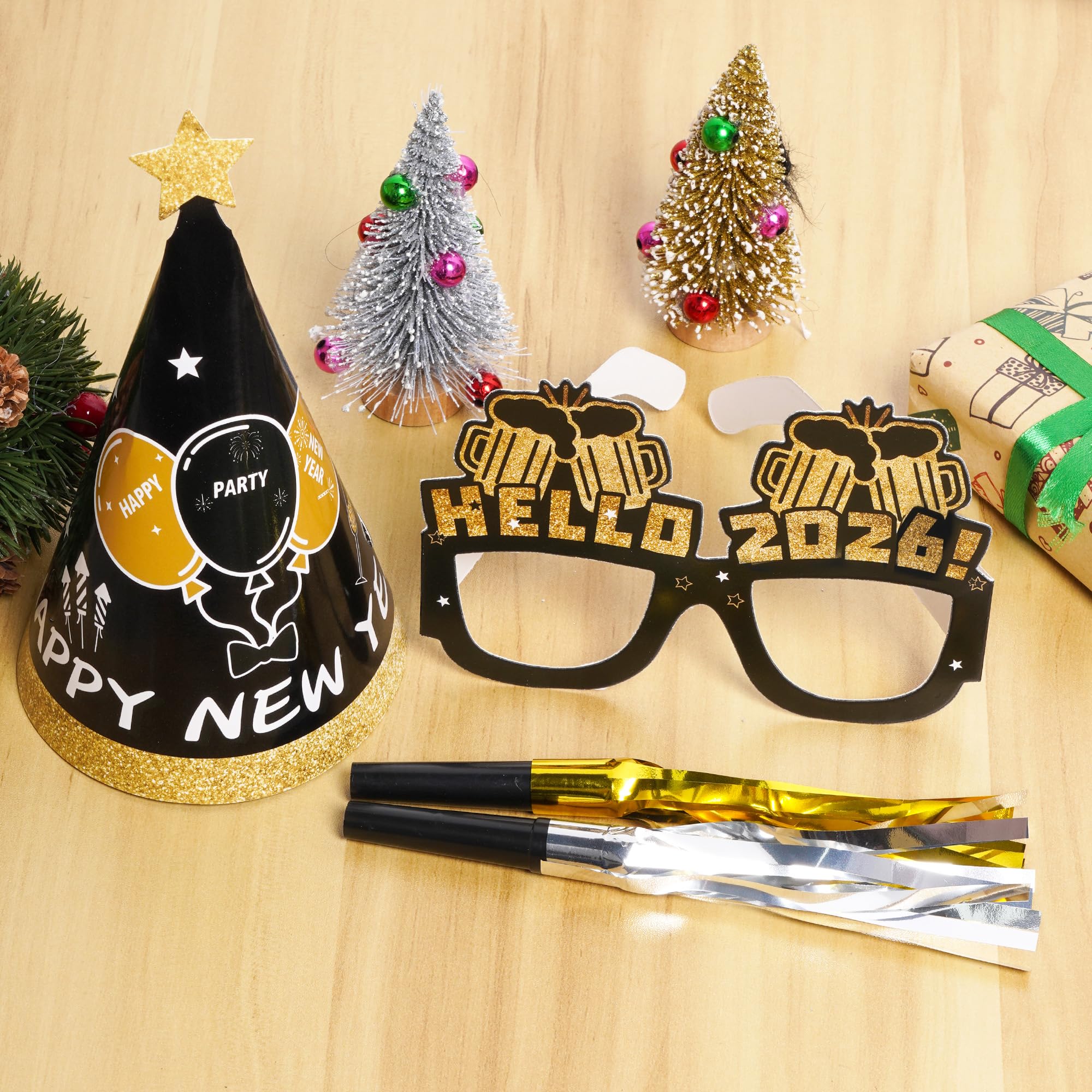 Silvester Party Supplies 2025 - Dekorationen, Hüte, Brillen, Halsketten & Gebläse für Silvesterfeier