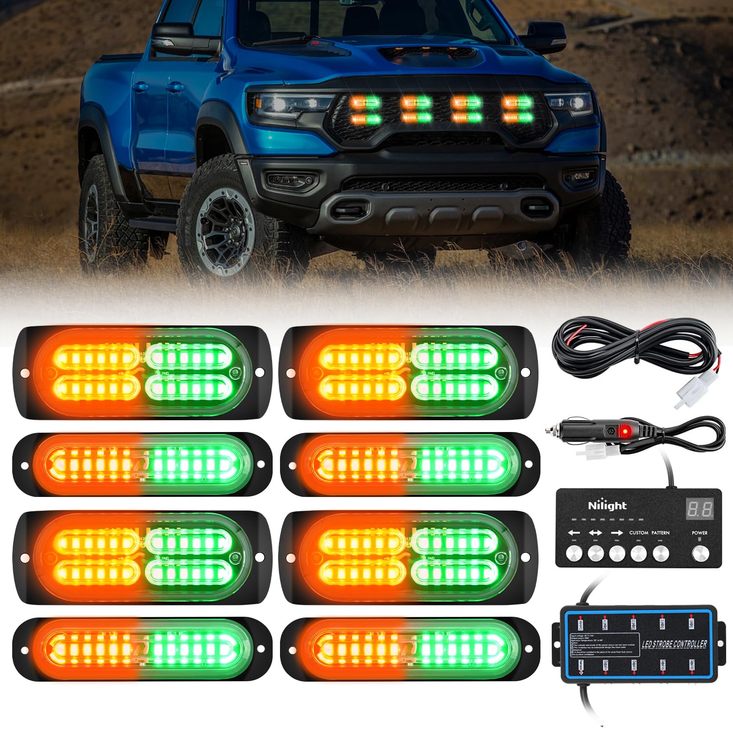Nilight 8PCS Led Strobe Lights with Controller 12V 24V Sync Amber Green