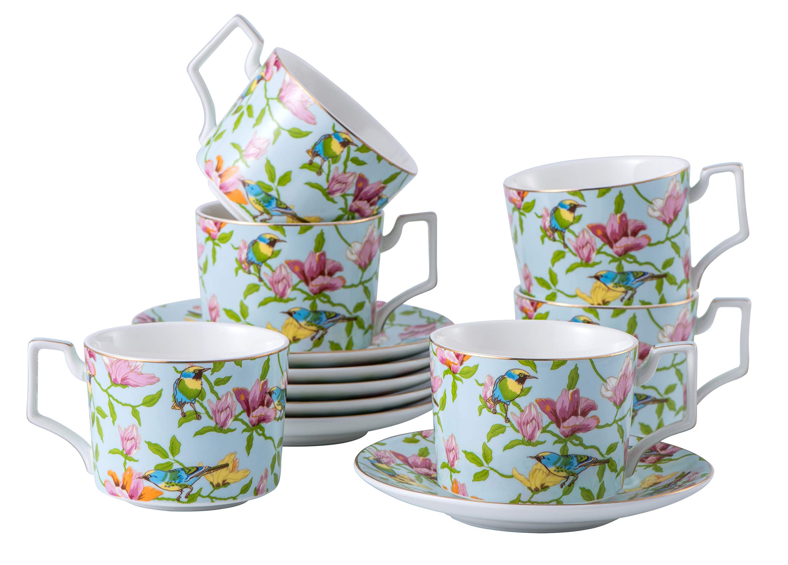 Set of 6 large 8.5 OZ Porcelain Royal Tea Cups with saucer, Royal Tea set of 6, Americano Cups with 
