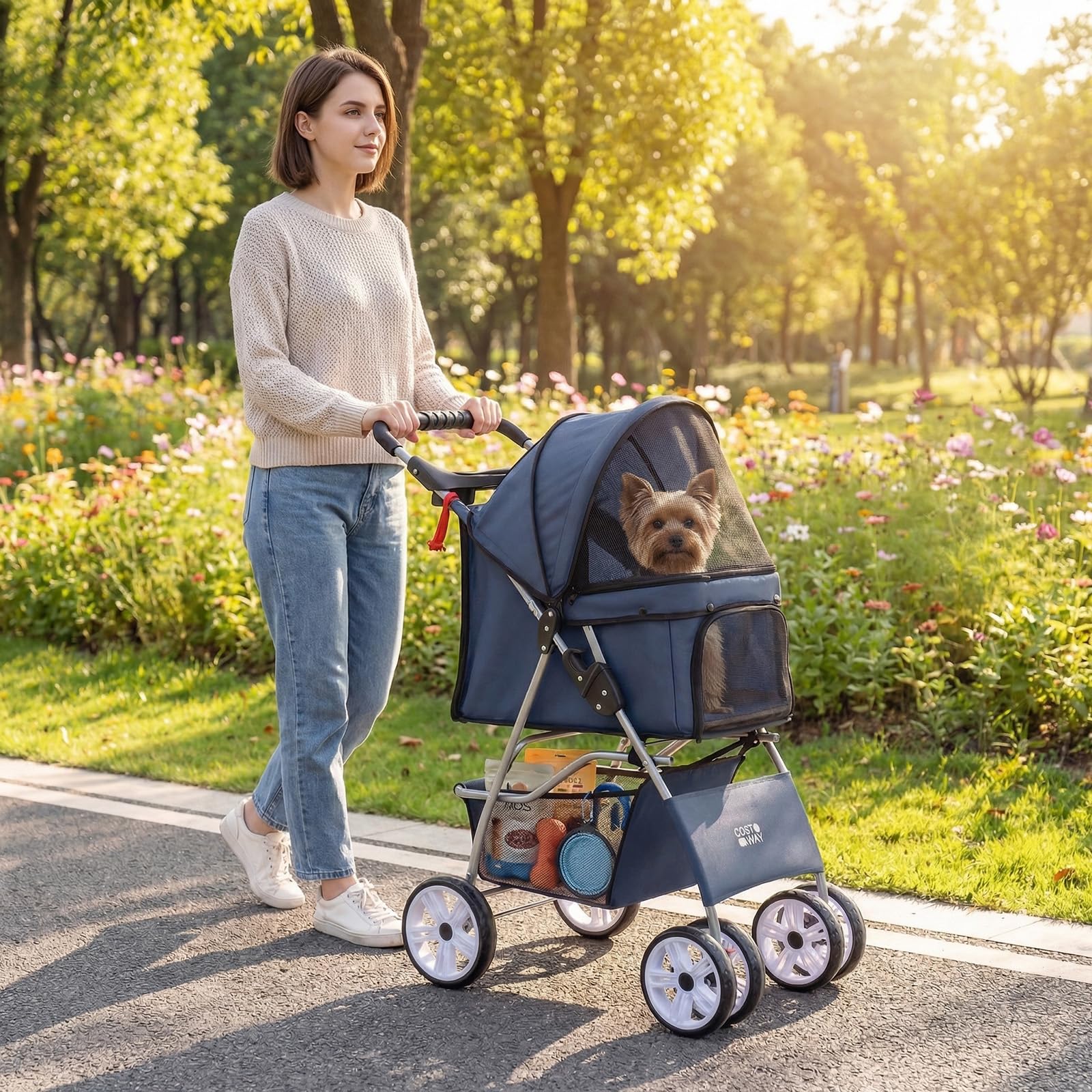 DREAMADE Hundebuggy klappbar, Hundewagen bis 15 kg, Katzenwagen mit Getränkehalter & Aufbewahrungskorb, leichter Katzenbuggy mit Rädern & verstellbarem Sonnendach, Reisewagen für Haustiere (Blau)
