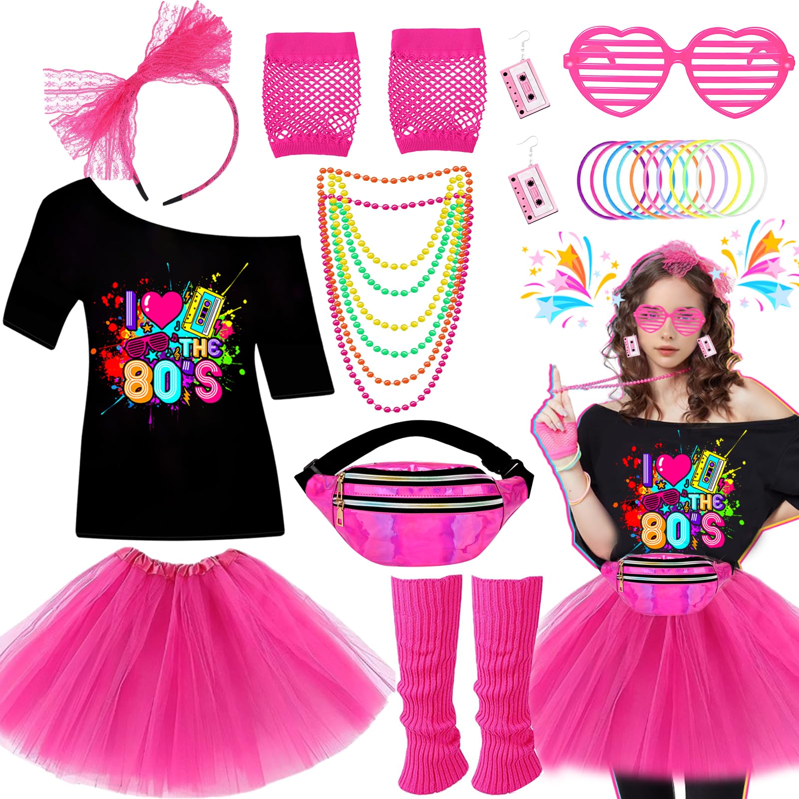 80s Fancy Dress Accessories for Women, Including T-Shirt Tutu Skirt Bumbag Leg Warmers Gloves Glasses Headband Earrings Necklace Bracelets 1980s Costume Outfits for Ladies Girls Hen Party