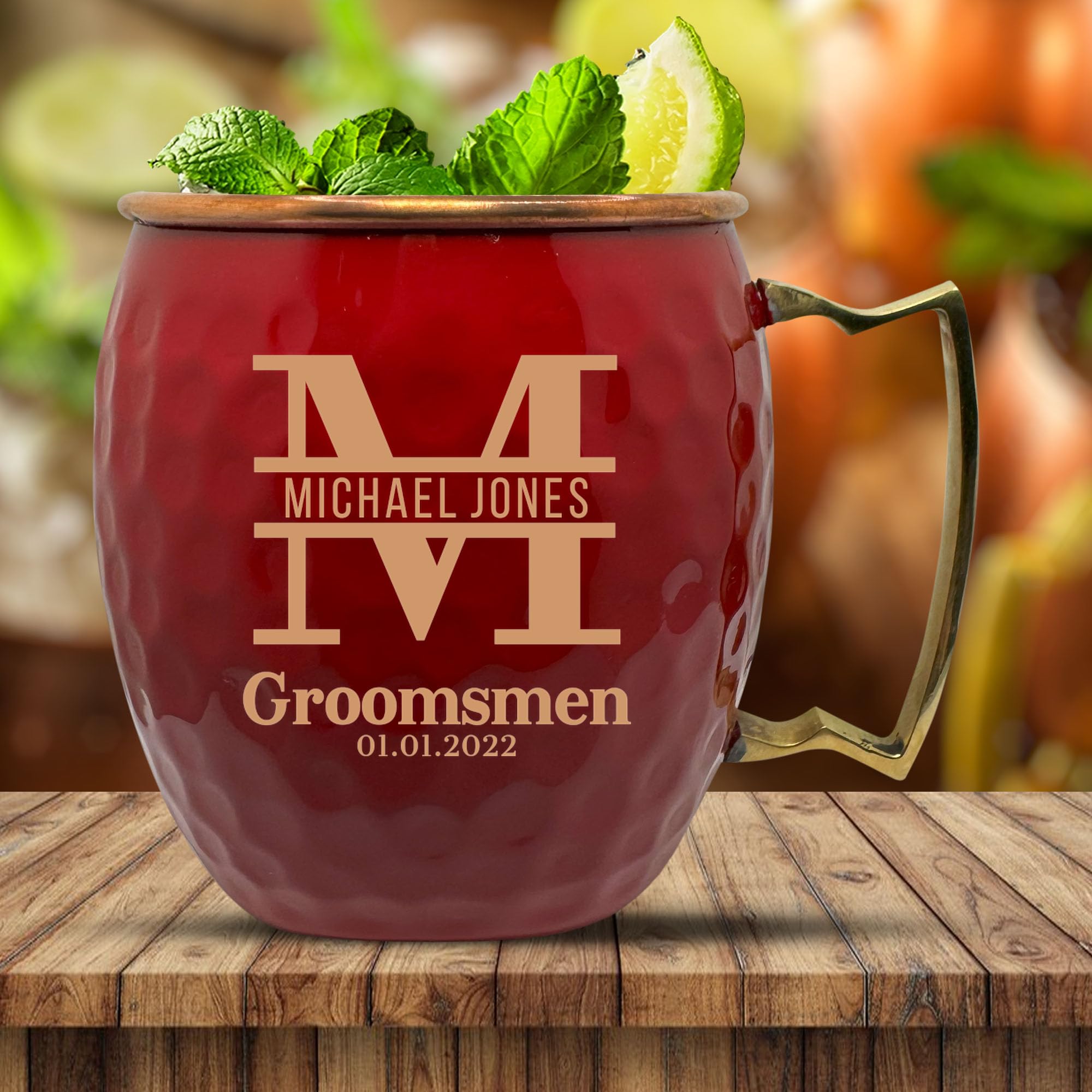 Custom Copper Moscow Mule with Hammered Painted Finish - Engraved Bar Style 100% Copper Cup with Personalized Groom Monogram Wedding Themed Engraving, Brass Handle | 18 oz, Red