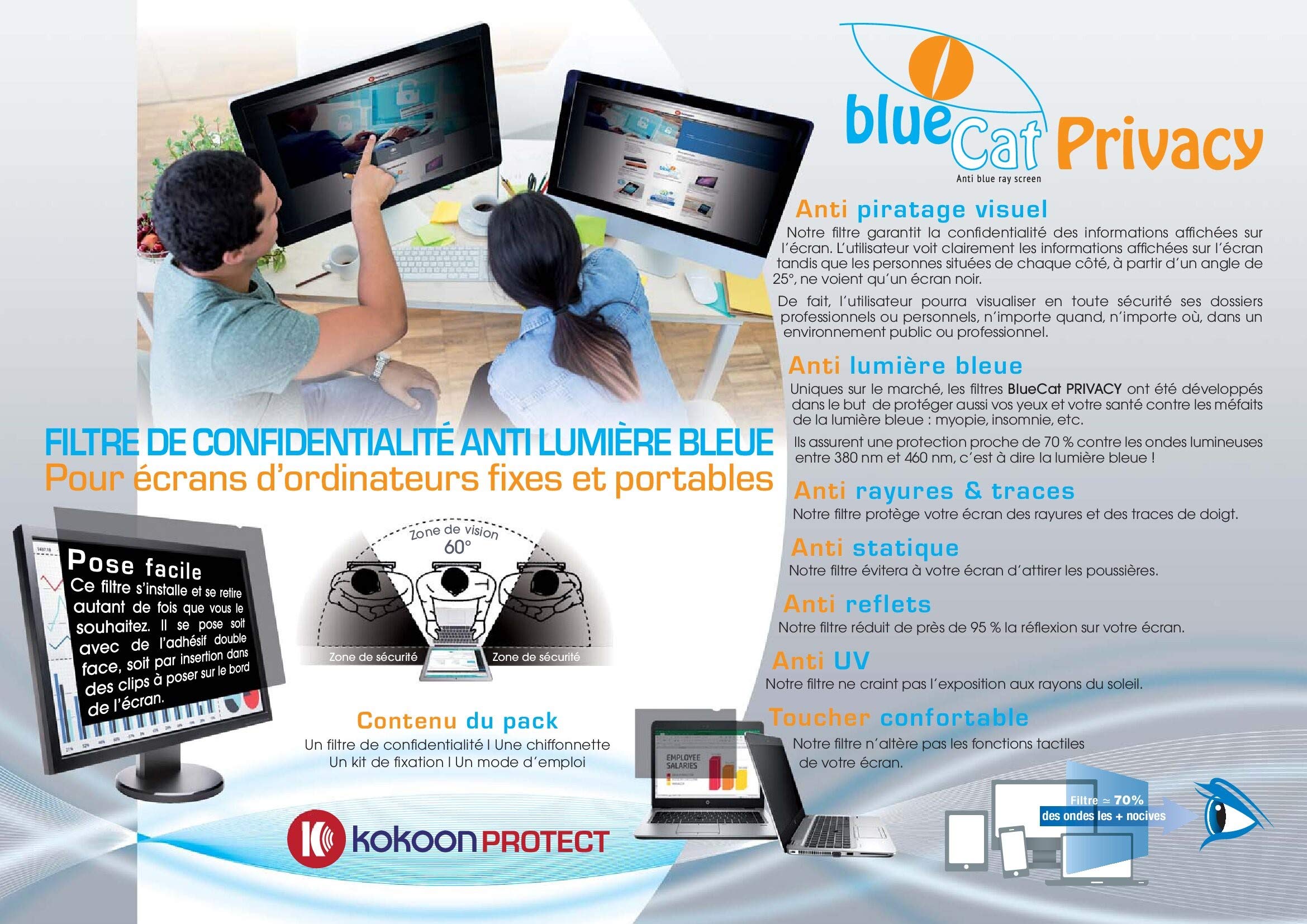 Filtro di Sicurezza Anti Luce Blu per schermi di Computer Portatili 18,5'' 16/9e, Dimensioni 230 x 409 mm