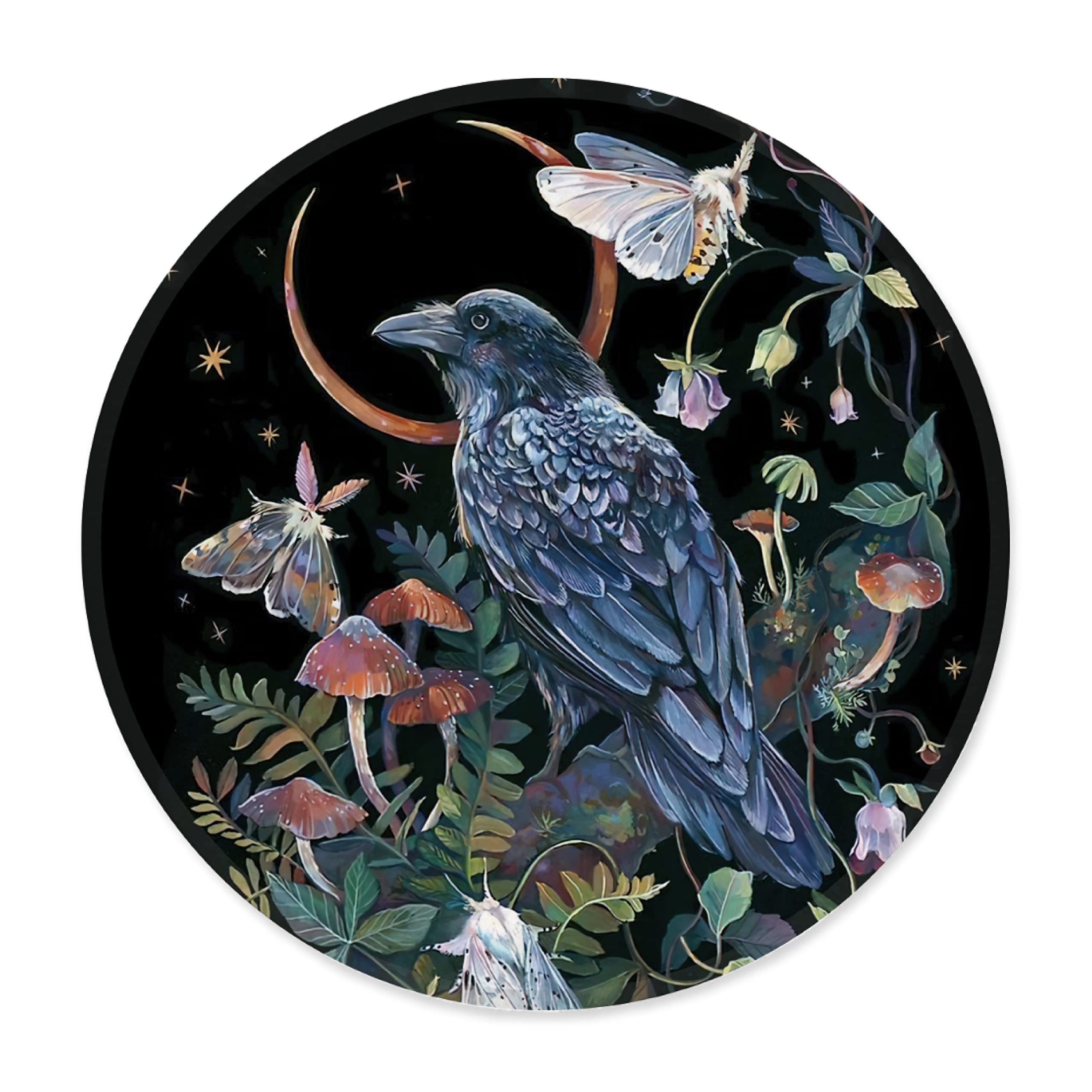 QUICQOD Retro Black Moon Raven with Butterflies and Fantasy Mushrooms Mouse Pad,Non-Slip Rubber Base Mousepads for Home Office Dorm Desk Decor,Gifts for Teen Girls,8.7 x 8.7 Inches