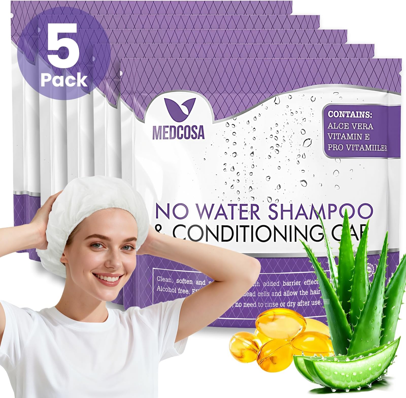 Medcosa Shampoo Caps No Rinse - Shampoo Caps for Bedridden Patients - Hassle-Free Hair Washing Cap for Elderly - Aloe, Vitamin E, Chamomile - 5-Pack