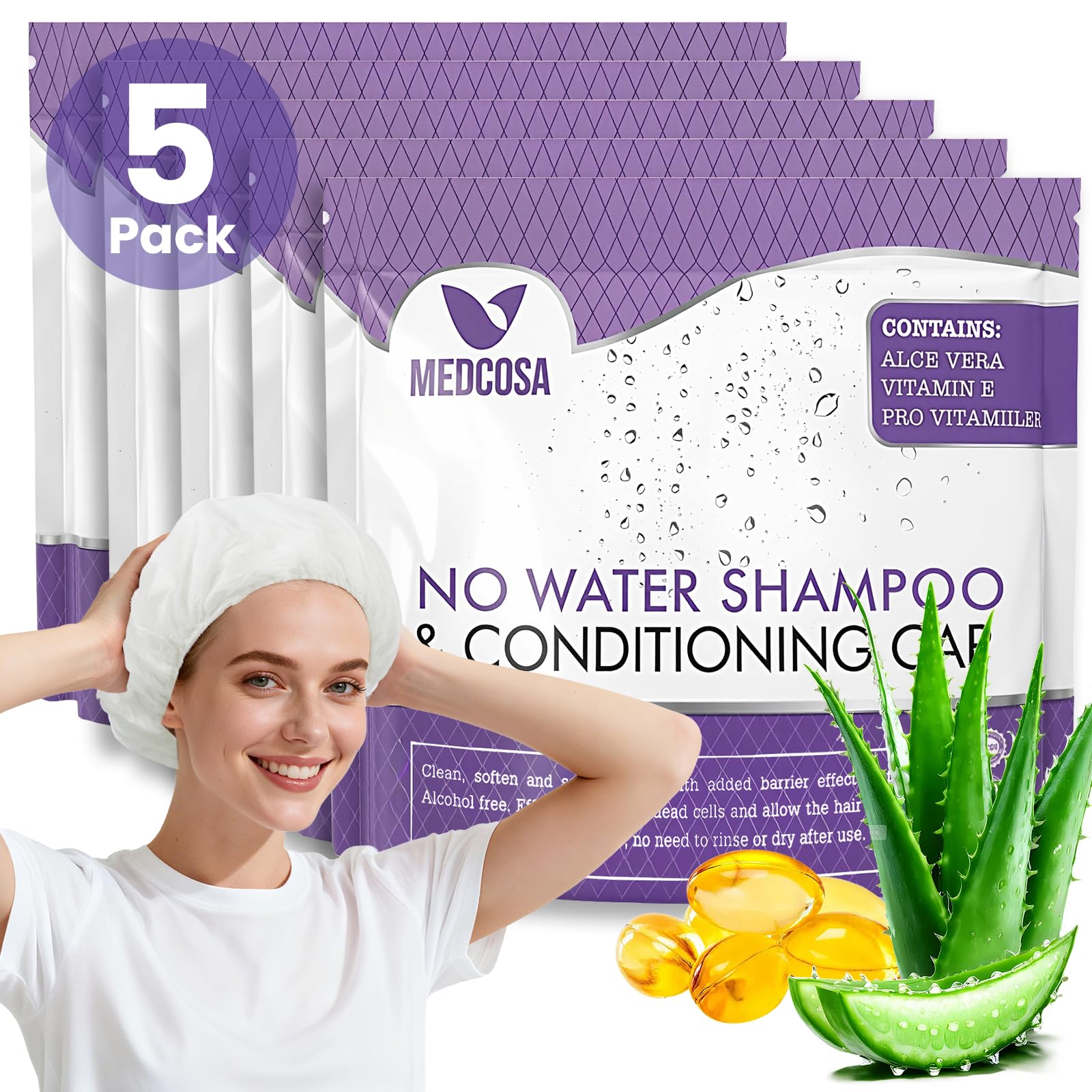 Medcosa No Rinse Shampoo Cap - Anhydrous Shampoo & Conditioner Hairwash Cap - Dry Hair Wash Aid with Aloe Vera and Vitamins - Rinse Free No Water Shower Cap Pack of 5