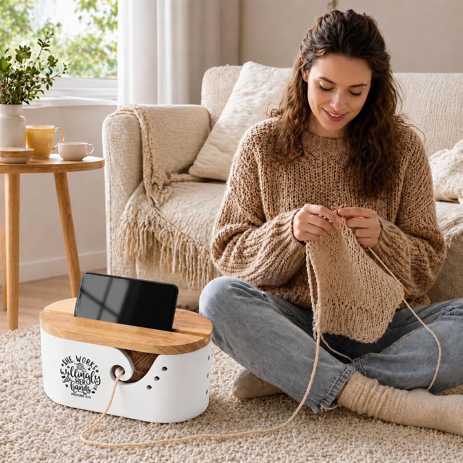 Large Yarn Bowl for Crocheting - Double-Sided Quote Crochet Storage Bowl & Wooden Yarn Holder - Yarn Storage & Knitting Accessories, Unique Gifts for Crocheters and Knitters (White)