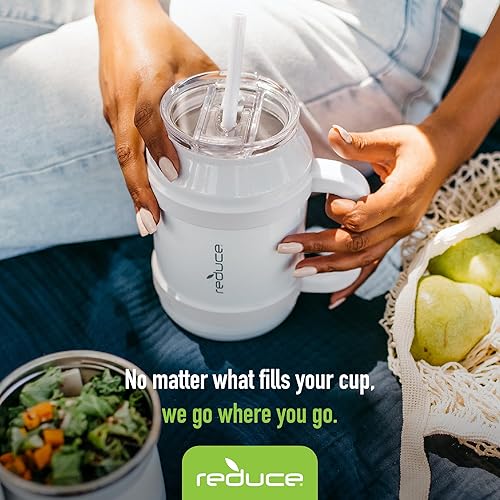 Miniatura 5 de REDUCE Vaso reutilizable de 32 onzas con asa, botella de agua de acero inoxidable aislada para el hogar, gimnasio u oficina, popote o tapa abatible