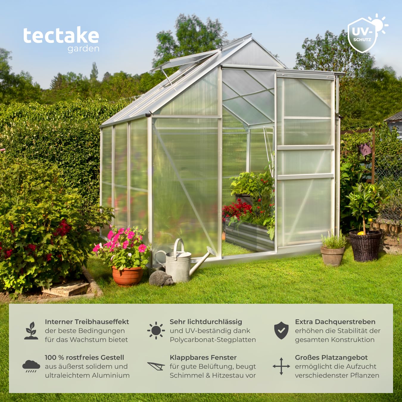 tectake® Aluminium Gewächshaus, 190x185x195 cm, Treibhaus, Tomatenhaus, Frühbeet, Pflanzenhaus, UV beständig, 4 mm Platte, Schiebetür & Dachfenster, Schutz vor Kälte, Regen und Frost - ohne Fundament