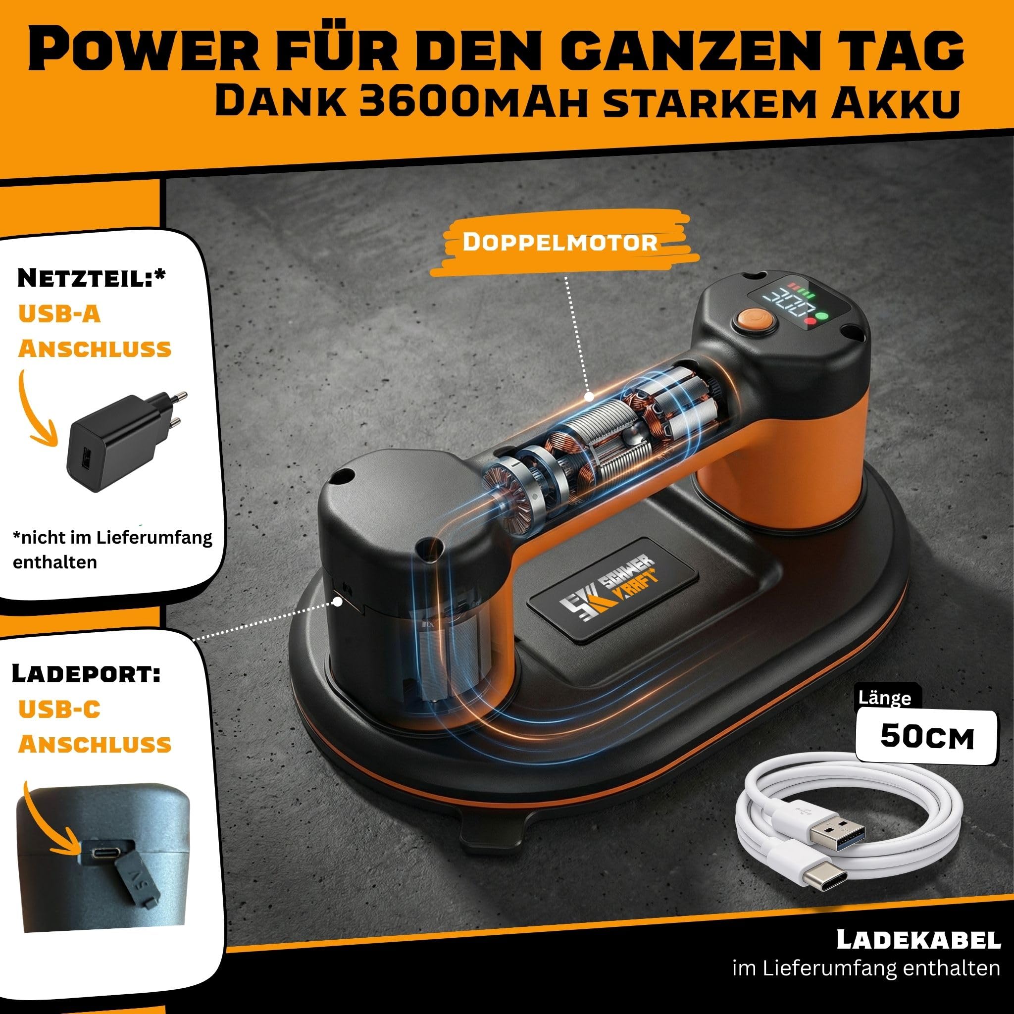 Sollevatore a batteria per piastrelle, sollevatore per piastre, forza di tenuta 300 kg | Aspirapolvere elettrico per vetro, piastrelle e lastre lisce - Ventosa con sottopressione automatica per una presa sicura