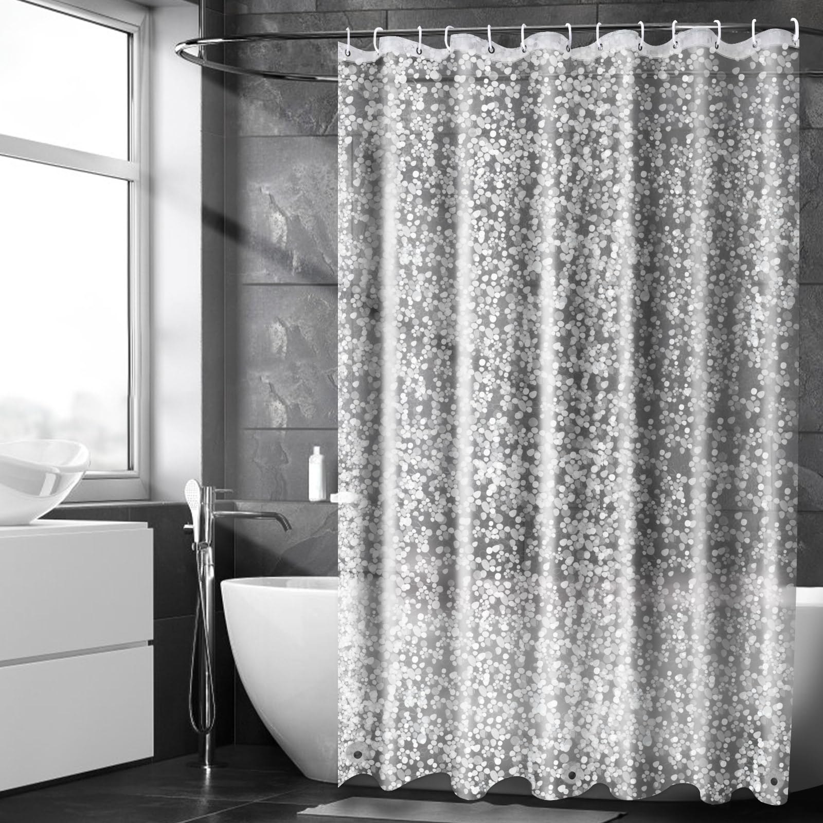 Cortina de Ducha Antimoho 180x200 con 3 Imanes más Fuertes en la Parte Inferior, Transparente con Patrón de Guijarros 3D, Cortinas de Baño de Plástico Eva Impermeable para Bañera con 12 Anillas