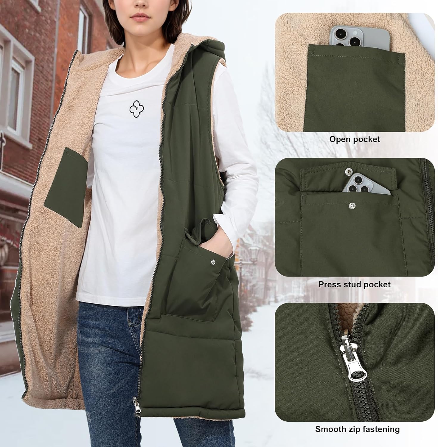 Fecialy Fall Long Vest for Women Sleeveless Reversible Fleece Sherpa Jacket Zip Up Warm Winter Coat Outerwear Vests - Image 4