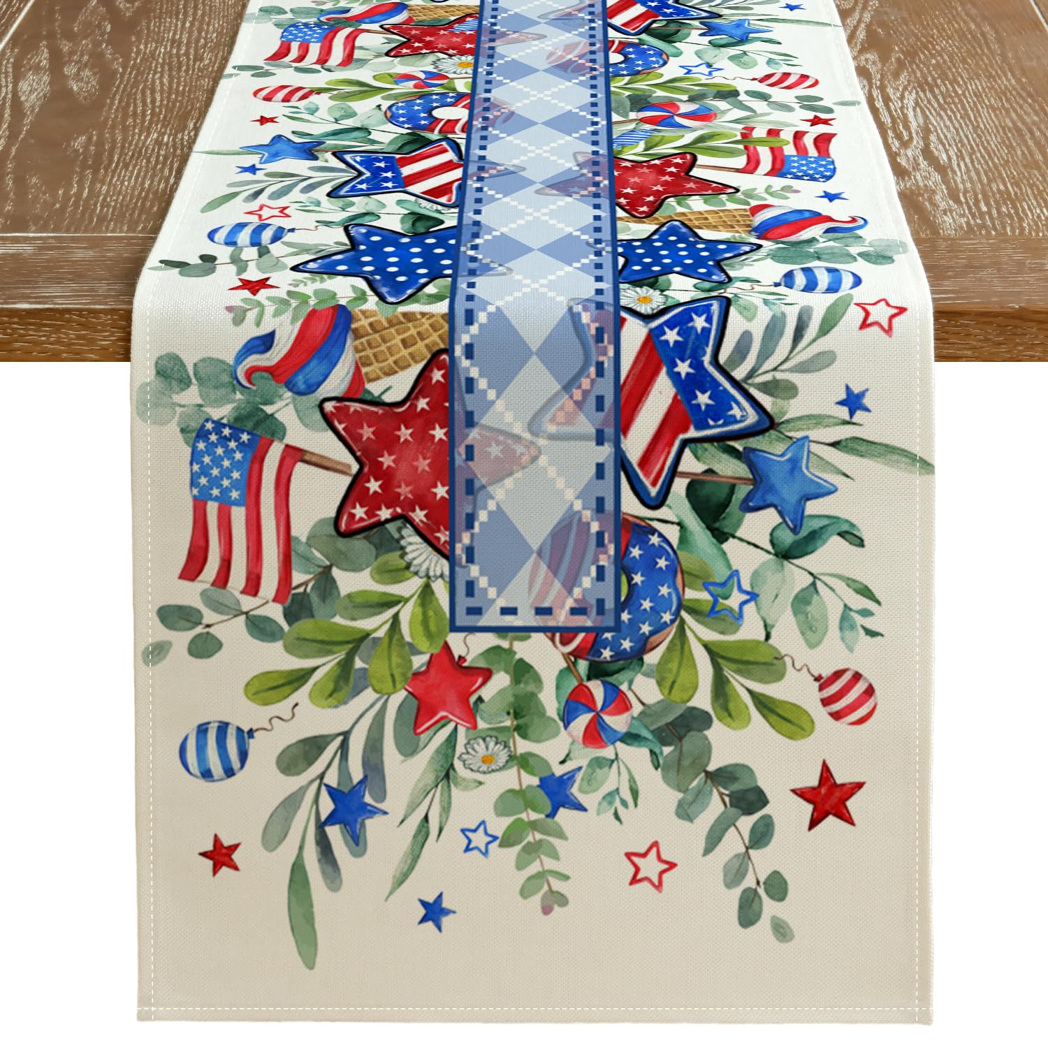 ARKENY4th of July Memorial Day Table Runner 13x72 Inches, Eucalyptus Leaves American Flag Floral Holiday Farmhouse Burlap Indoor Patriotic Independence Table Decor for Home Party AT615-72
