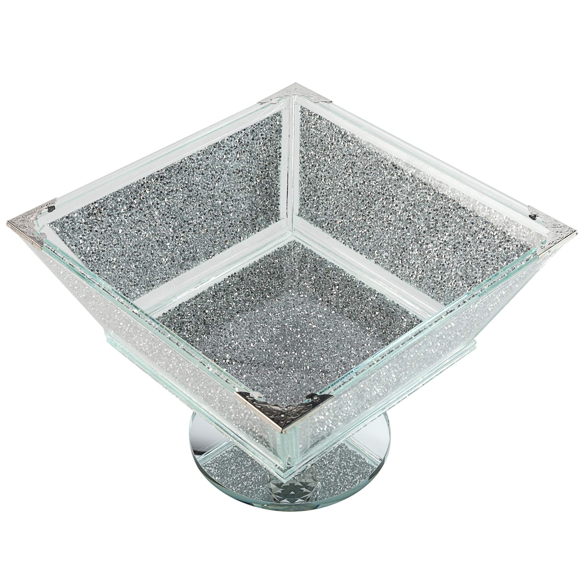 London Boutique Extra große Obstschale aus Kristall, Mittelstück, Aufbewahrung, glitzernd, Diamant-gefüllt, silberfarbener Metallrahmen, quadratische Form, 19,1 cm Höhe