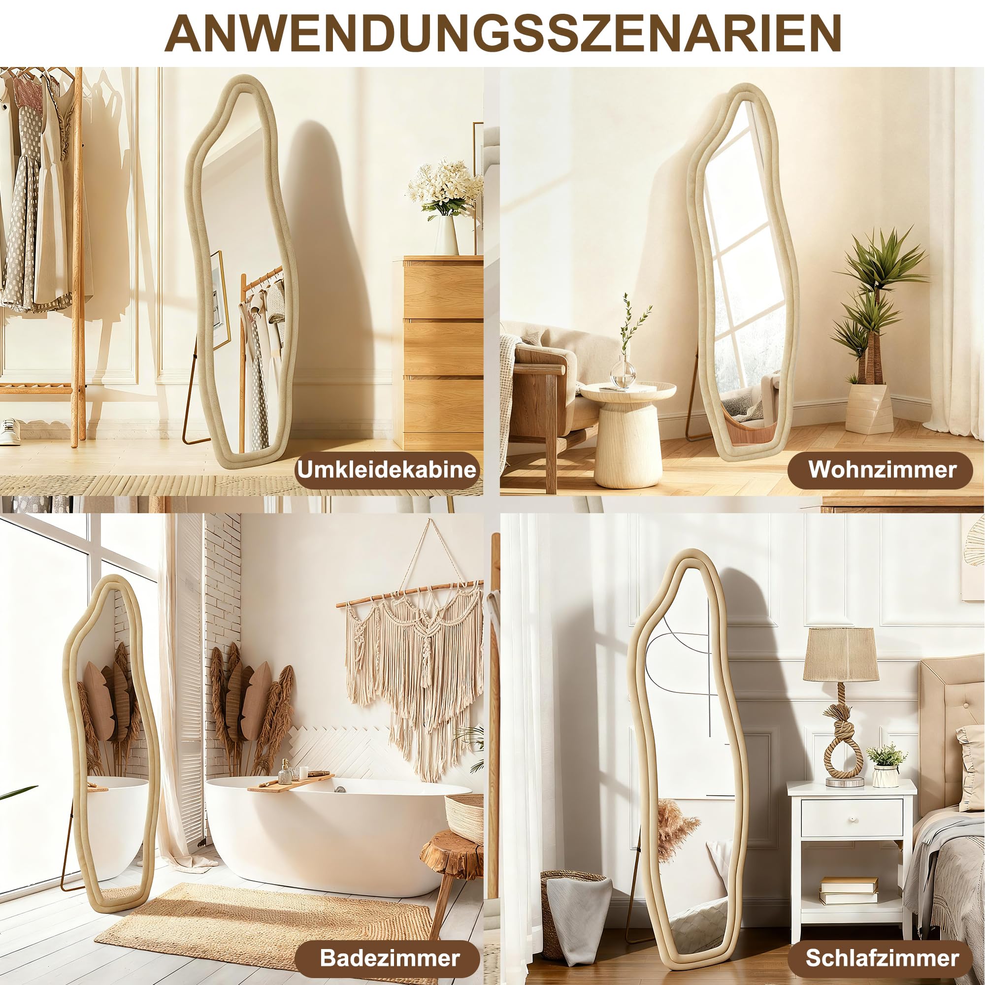 Ganzkörperspiegel, Asymmetrischer Gewölbter Bodenspiegel Groß, standspiegel aus Flanellumwickeltem Holzrahmen, Bodenspiegel, für Schlafzimmer, Wohnzimmer, Garderobe, Gold