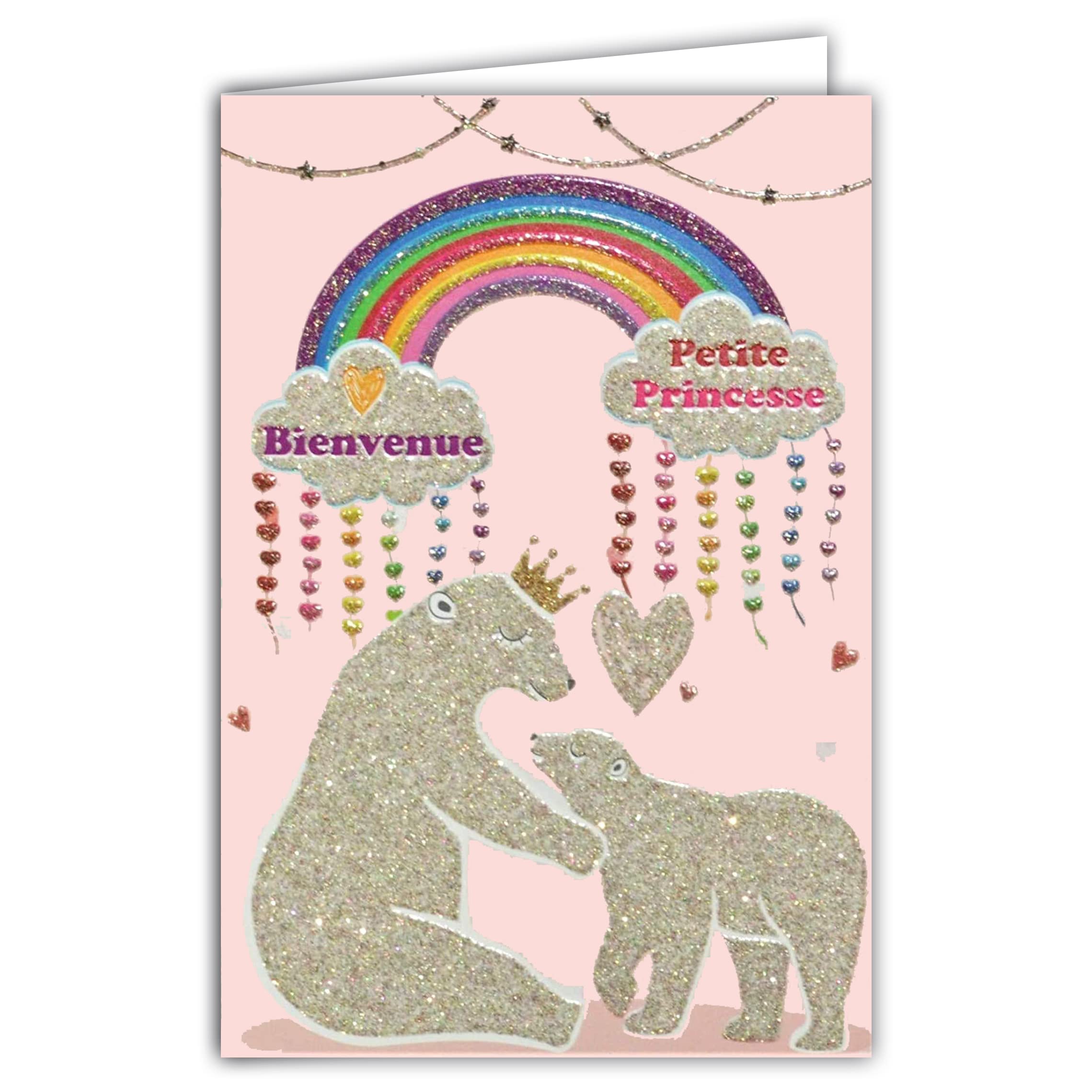 Afie 66-1161 Glitter Welcome Little Princess Baby Girl Pink Birth or Adoption White Bear Polar Animals Hearts Clouds Rainbow Crown Made in France 66-1161