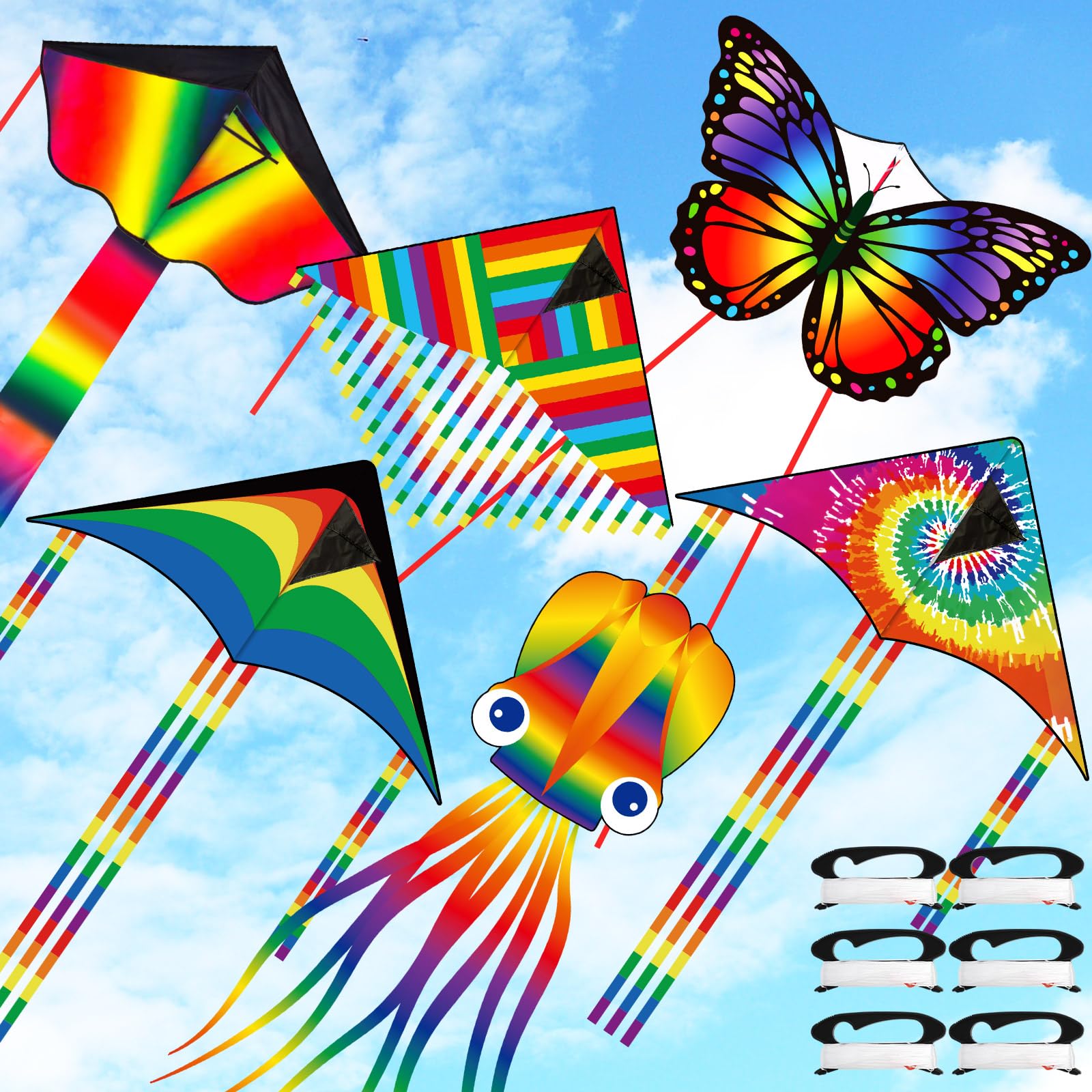 Silipull 6 Pack Large Flying Animal Kites for Adults with Reel and String Butterfly Octopus Various Kites for Beach Outdoor Game Activities