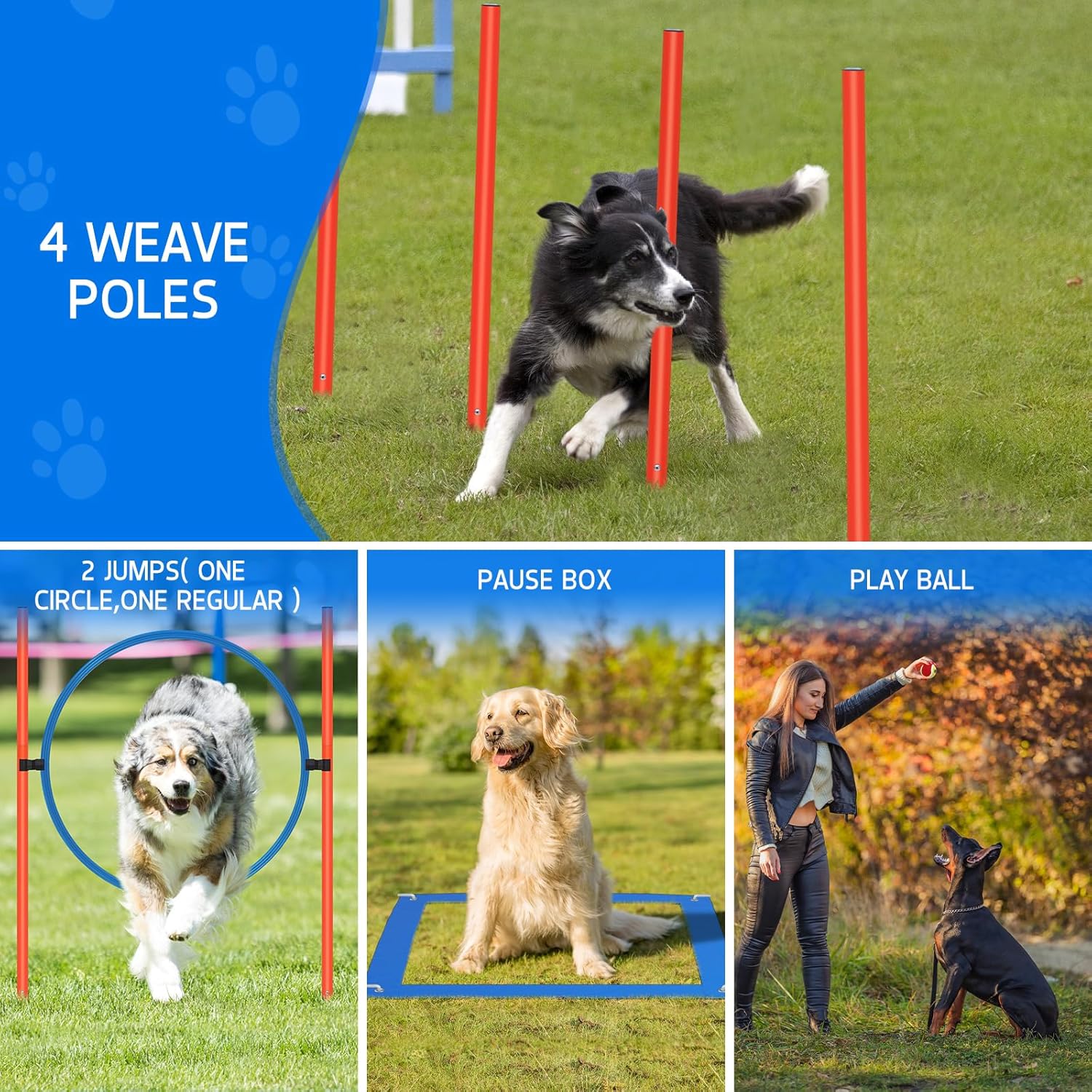 Equipo de entrenamiento de agilidad para perros, práctica de salto de carrera de obstáculos, incluye obstáculos altos ajustables, 6 postes de