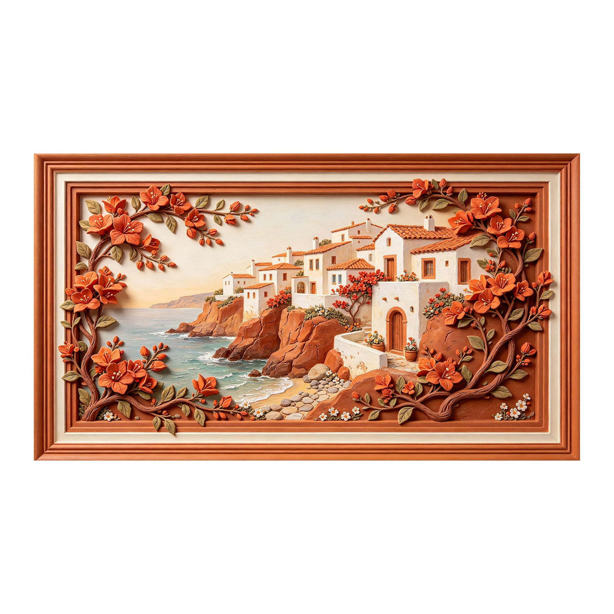 Murasolite 3D Framed Wall Art Mediterranean Coastal Village Floral Relief SelfAdhesive Fabric Mural Wall Decor， Peel and Stick No Damage to Wall， AntiFall Safe Design for Bedroom Living Room