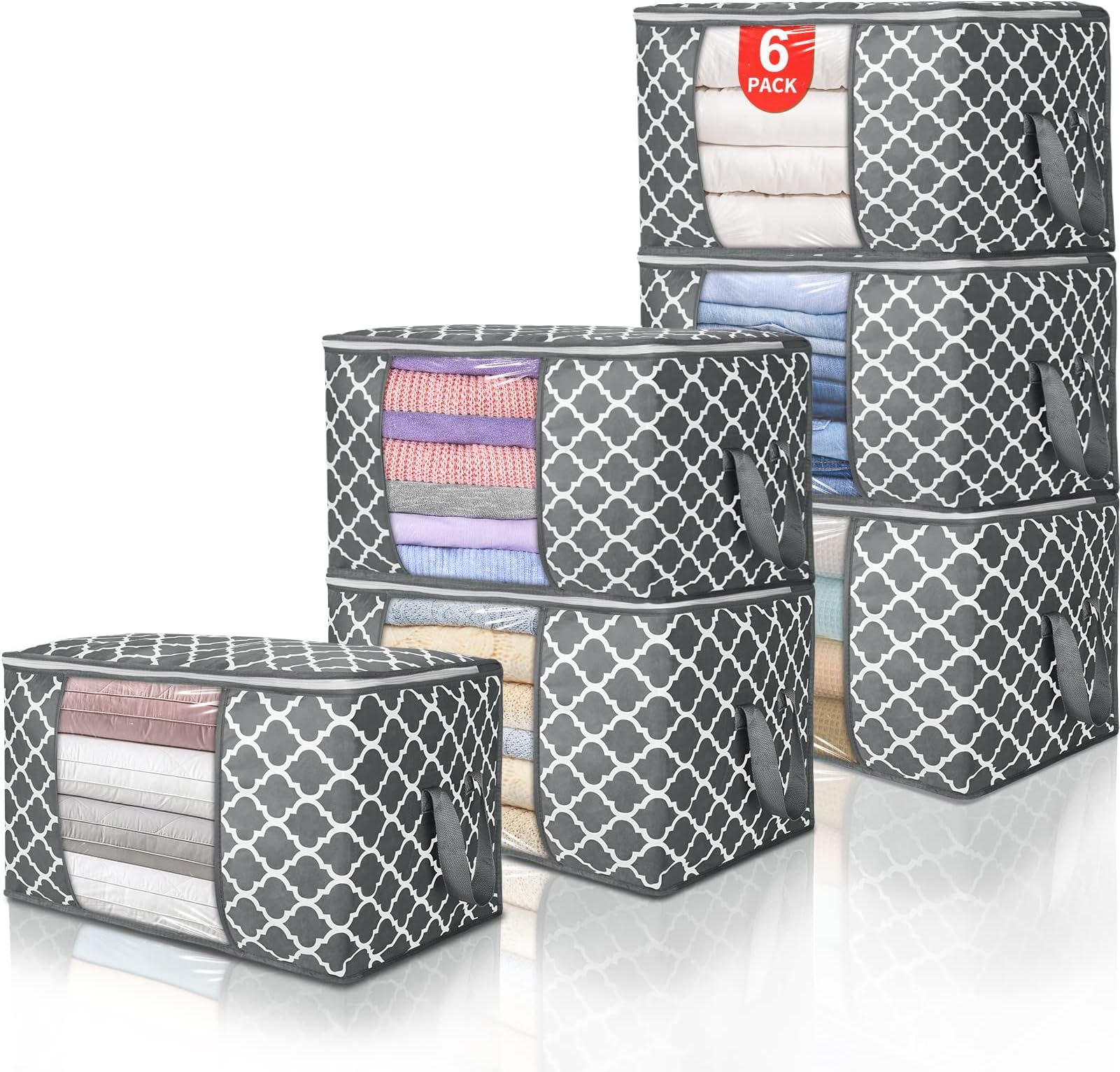 90 L Large Storage Bag Clothes Storage Organizer with Durable Handles for Closet Storage, Comforter, Blanket, Clothing, Bedding and Toys 6 Pack