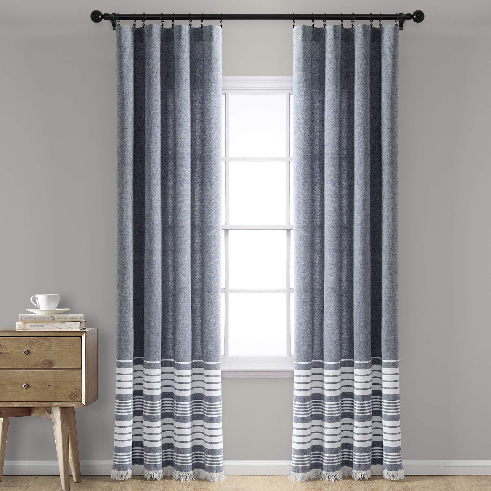 Lush Decor, Navy Nantucket Yarn Dyed Cotton Tassel Fringe Window Curtain Panel Pair, 84" x 40"