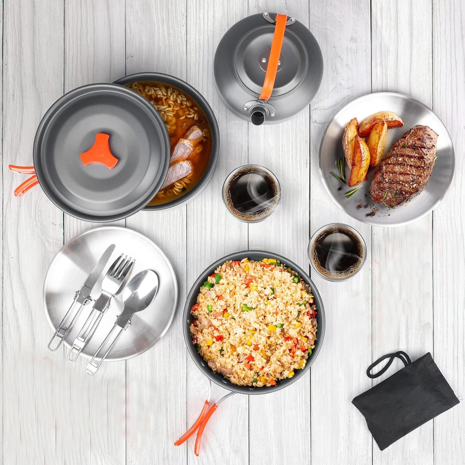 Bisgear Camping Cookware Kettle Backpacking Stove Mess Kit, Camping Pots and Pans Set with Cups Plates Utensils, Camping Kitchen Accessories Cooking Set Survival Gear