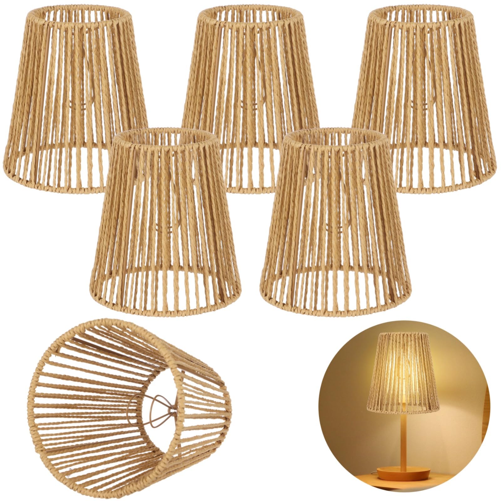 6 PCS Rattan Lamp Shades, Clip-on Rattan Lamp Shade, Chandelier Candle Bulb Lampshade, Natural Touch Hand Woven Lampshade for Chandeliers, Pendants, Wall Sconces, 3.9 x 5.6 x 5.4 in