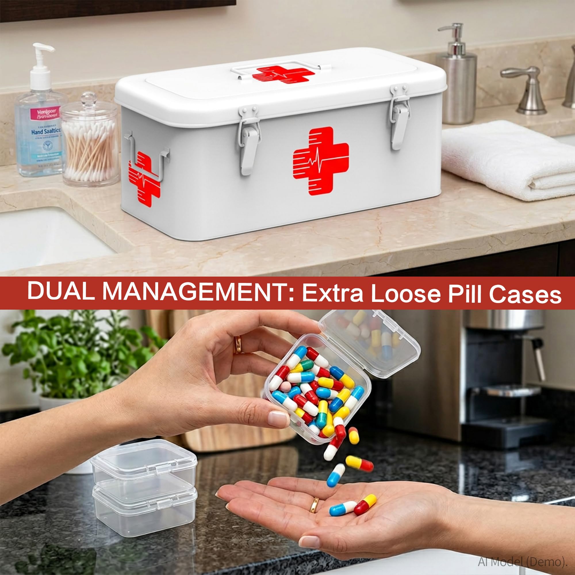 Orionstar Cassetta per medicinali di primo soccorso, armadietto di primo soccorso con maniglia superiore, scatola in metallo per medicine con 3 scatole portatili per medicine, scatola vuota di primo