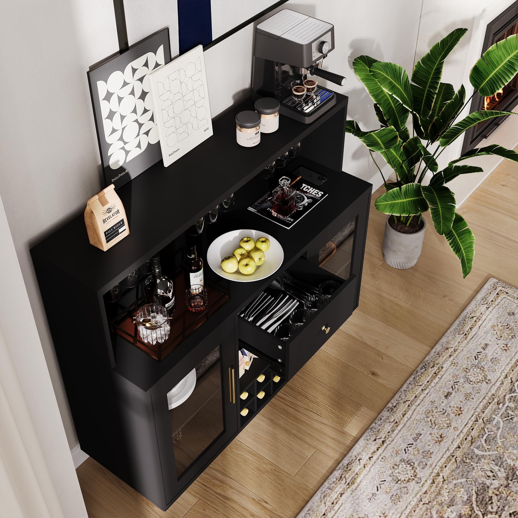 Garvee Modernes Wein- und Barschrank mit LED-Beleuchtung – Glashalter, Schublade, Steckdose, Platz für 8 Flaschen & 9-15 Gläser – Farbe: Schwarz
