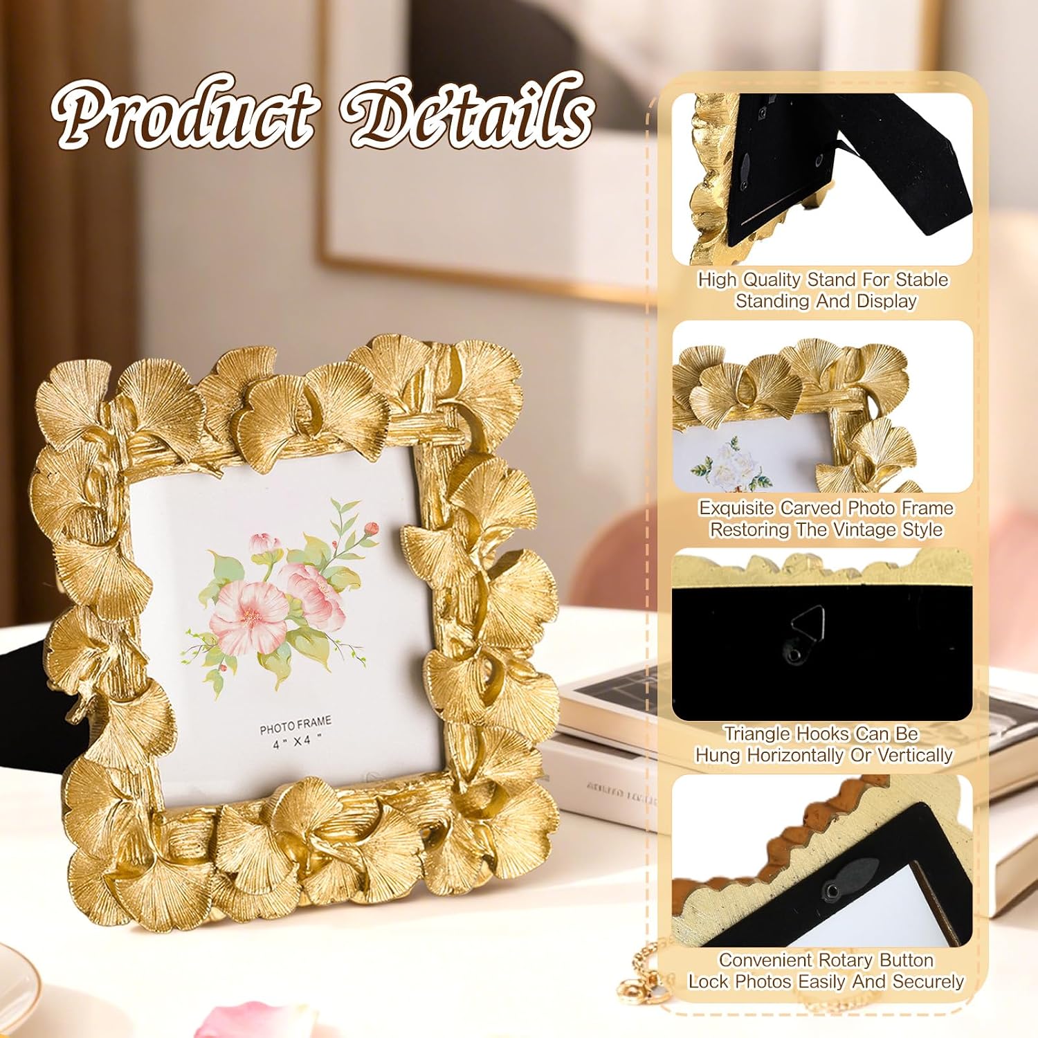 Primst 3 Pcs Vintage Gold Picture Frames Set - 4x4 & 4x6 Inch Ornate Resin Photo Frames with Glass Front, Antique Retro Design for Tabletop Display & Wall Hanging, Home Decor