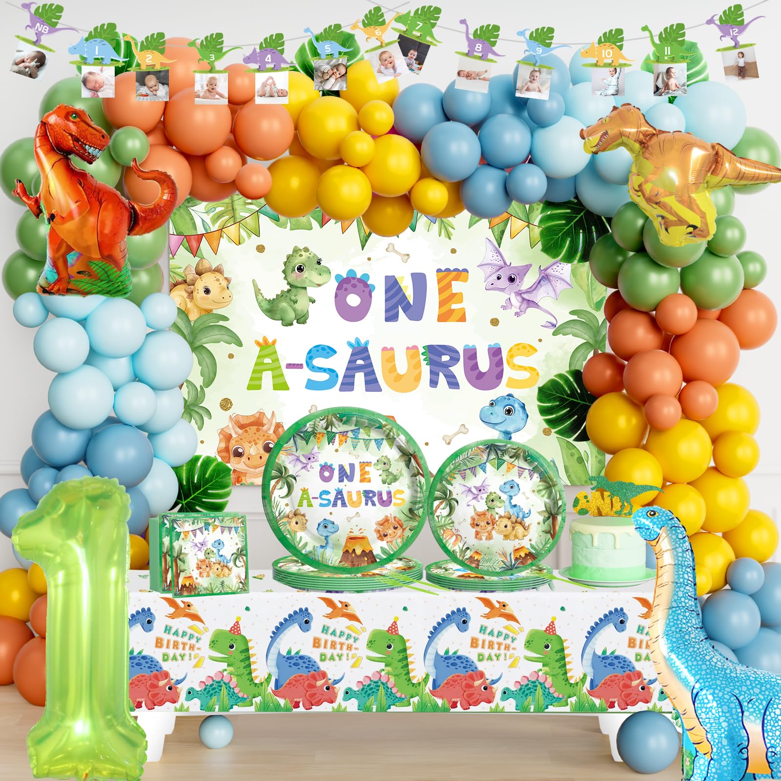 Hombae One a Saurus Dinosaur First Birthday Party Supplies - Dino Themed Backdrop, Balloon Banner, Tablecloth, Cake Topper, Plates, Napkins, Forks