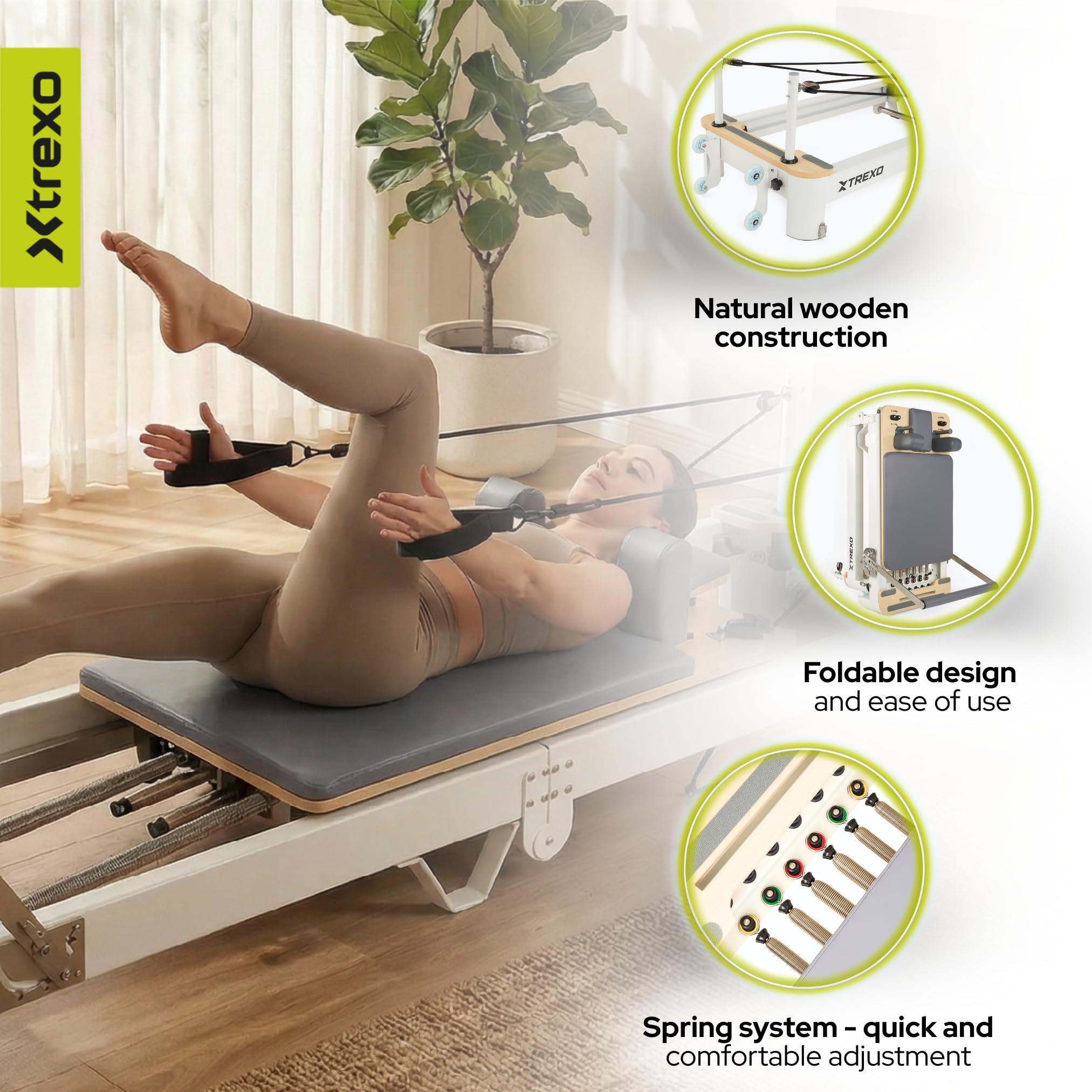 CTRL-Core W – profesjonalny reformer do pilatesu z prawdziwego drewna – składana konstrukcja i 5 sprężyn oporowych – obciążenie do 200 kg – trening całego ciała do domu i studia – w zestawie