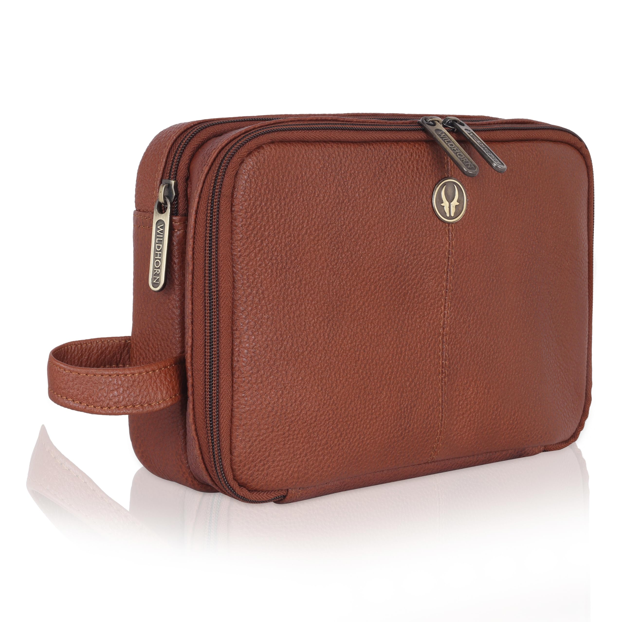 WildHorn Leather Toiletry Bag For Men & Women, Dopp Kit For Travel Large Cosmetic And Shaving Bag. Toiletries Organizer Toiletry Kit (Tan), 6 CM, Brown