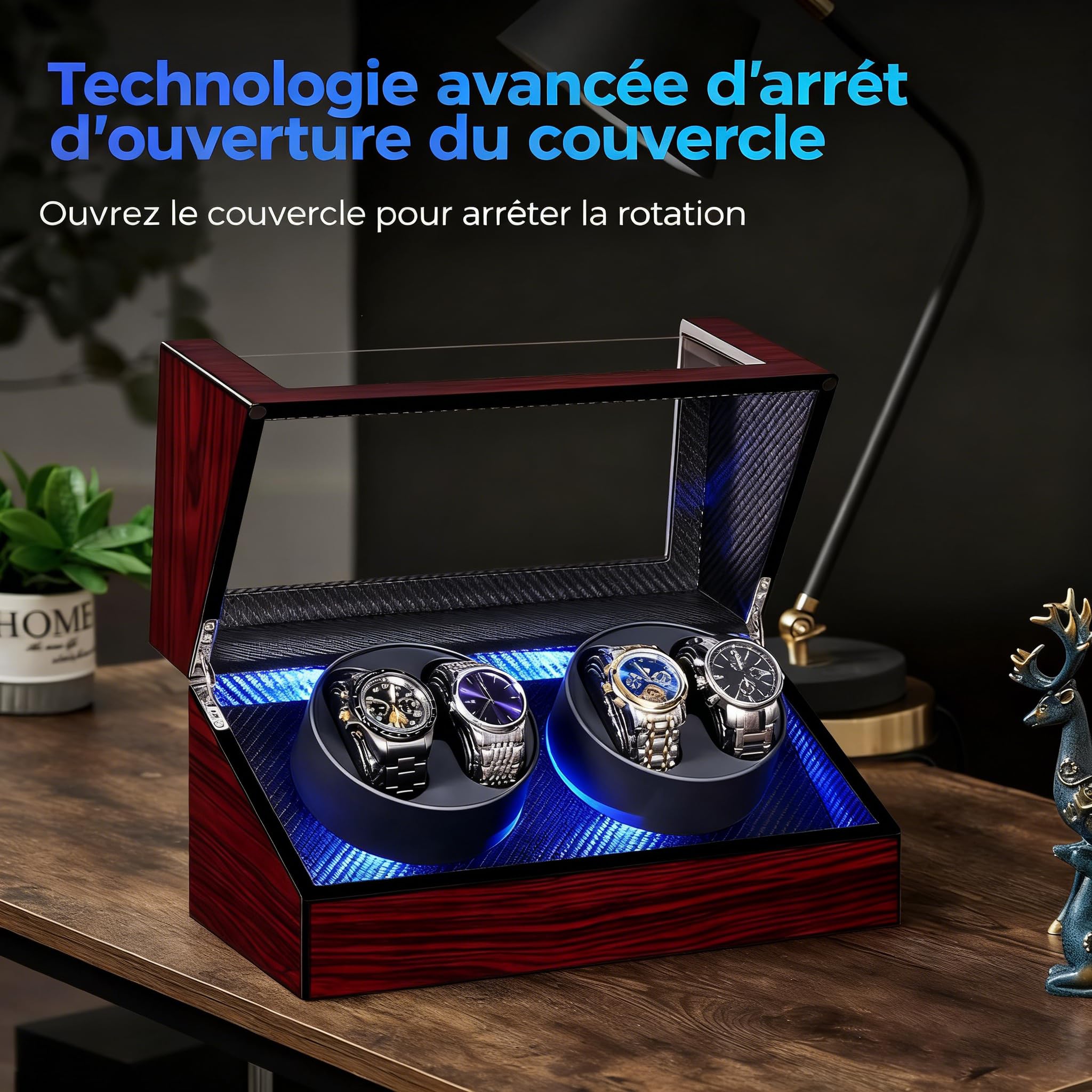 ANWBROAD Remontoir Montre Automatique, Boîte Remontoir pour Montres Automatiques avec éclairage LED,Boite Montre Automatique,Supersilencieux Luxueux Watch Winder LED Légère,4 Modes de Rotation,JWW011Y